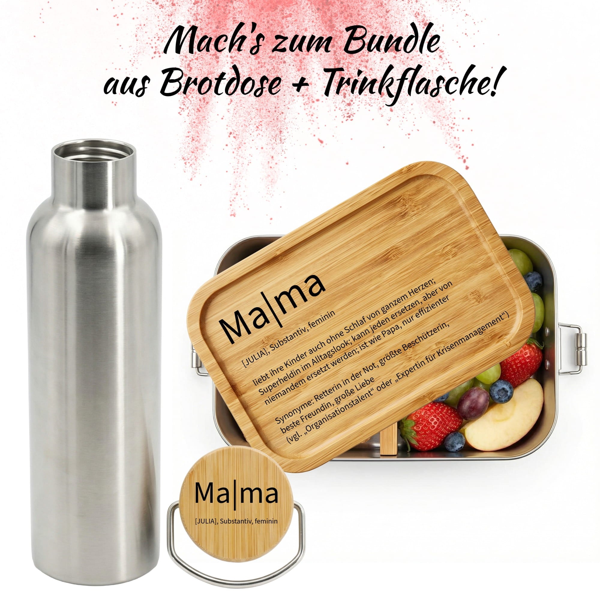 Mama Geschenk Bundle aus personalisierter Brotdose und Edelstahl Trinkflasche mit Bambusdeckel