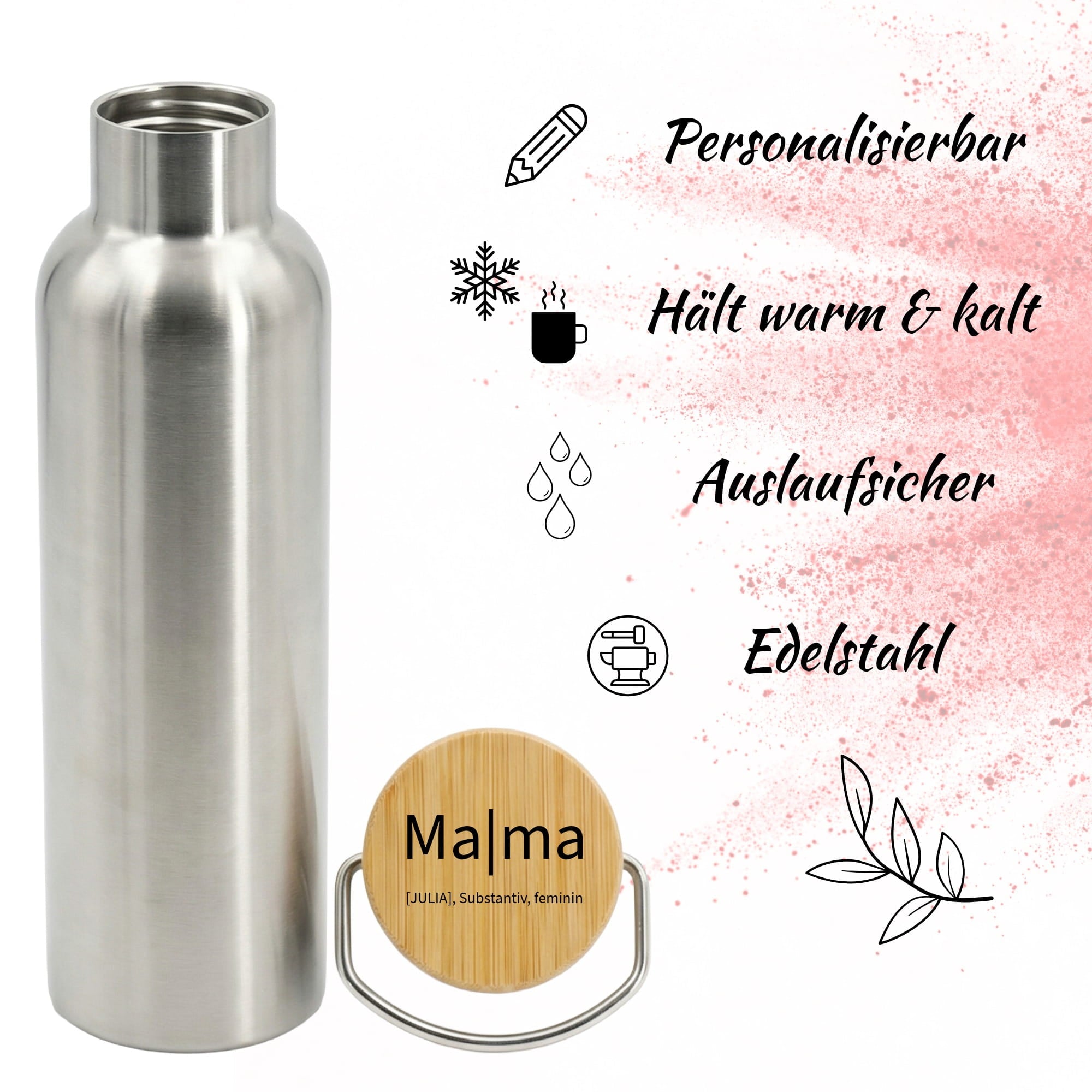 Personalisierte Edelstahl Trinkflasche für Mama mit Bambusdeckel, auslaufsicher und isoliert