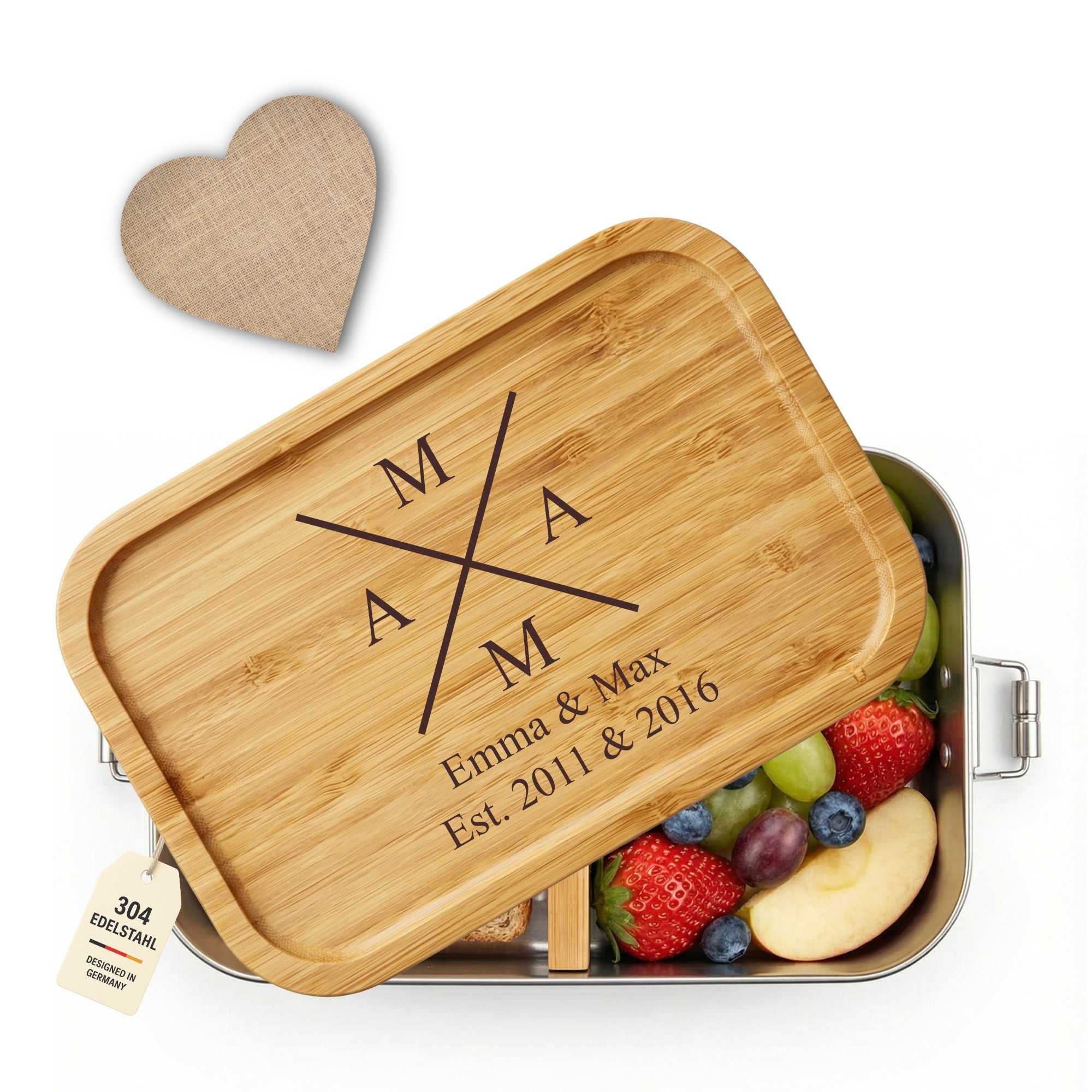 Personalisierte Brotdose aus Edelstahl mit Bambusdeckel und Mama-Kreuz Gravur