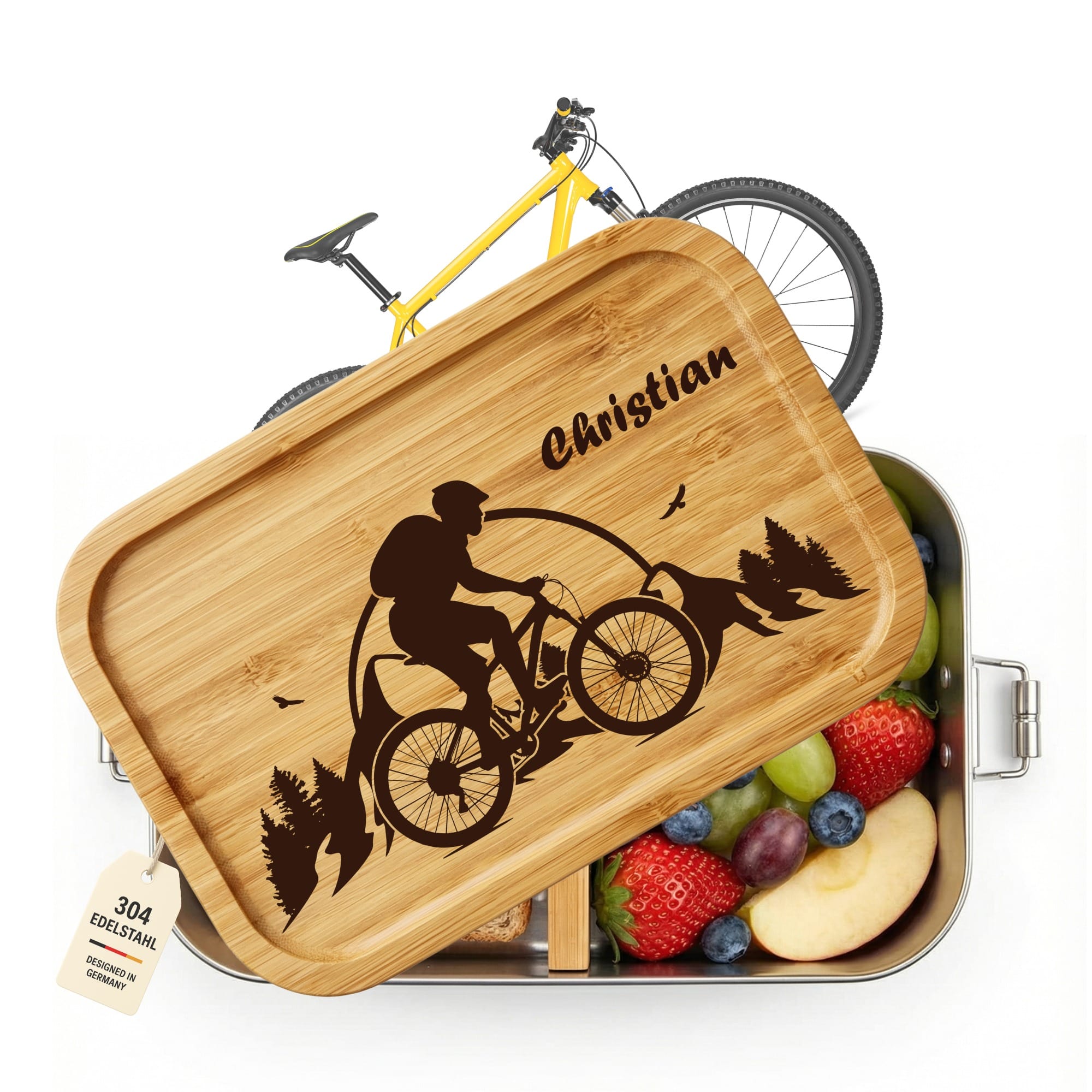 Personalisierte Edelstahl Lunchbox mit Bambusdeckel, Mountainbike Motiv und Namensgravur