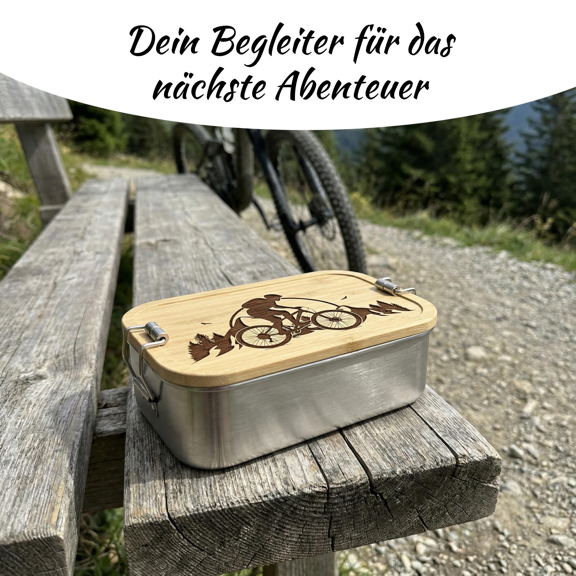 Geschenkidee für Mountainbike Fans, personalisierte Lunchbox mit graviertem Namen
