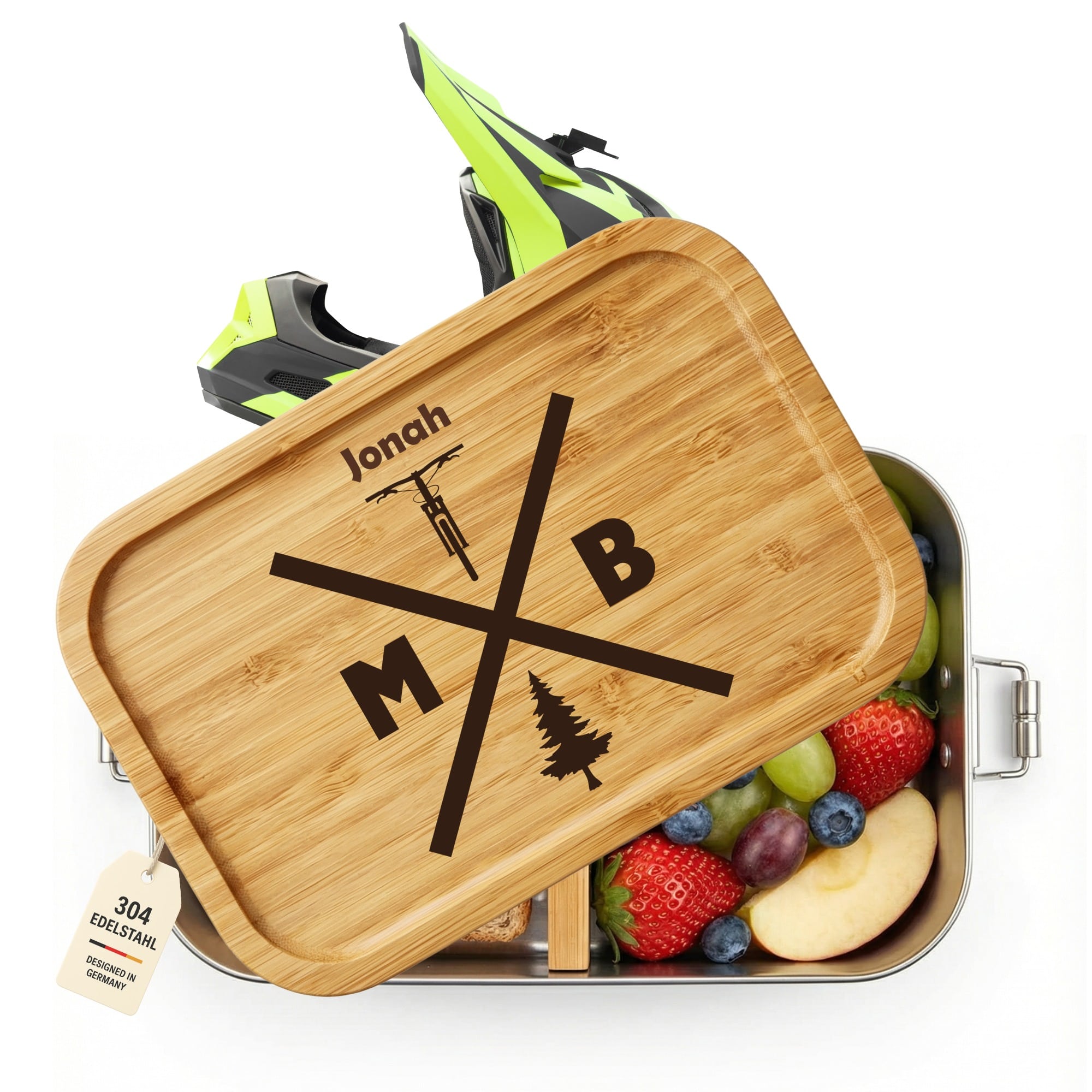 Personalisierte Edelstahl-Brotdose mit Bambusdeckel und Mountainbike-Motiv mit Namensgravur