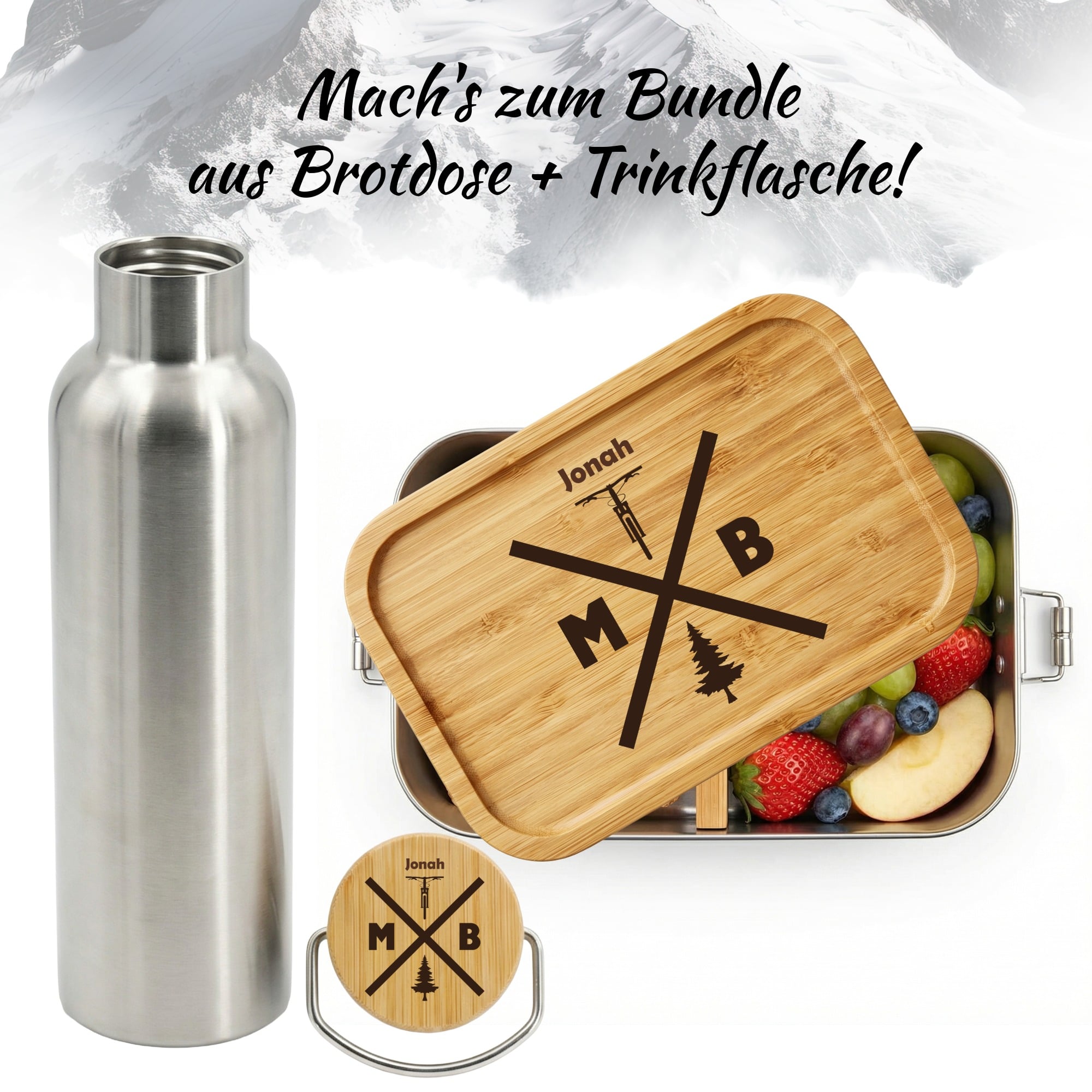 Lunchbox aus Edelstahl mit graviertem Mountainbike-Design und Wunschname