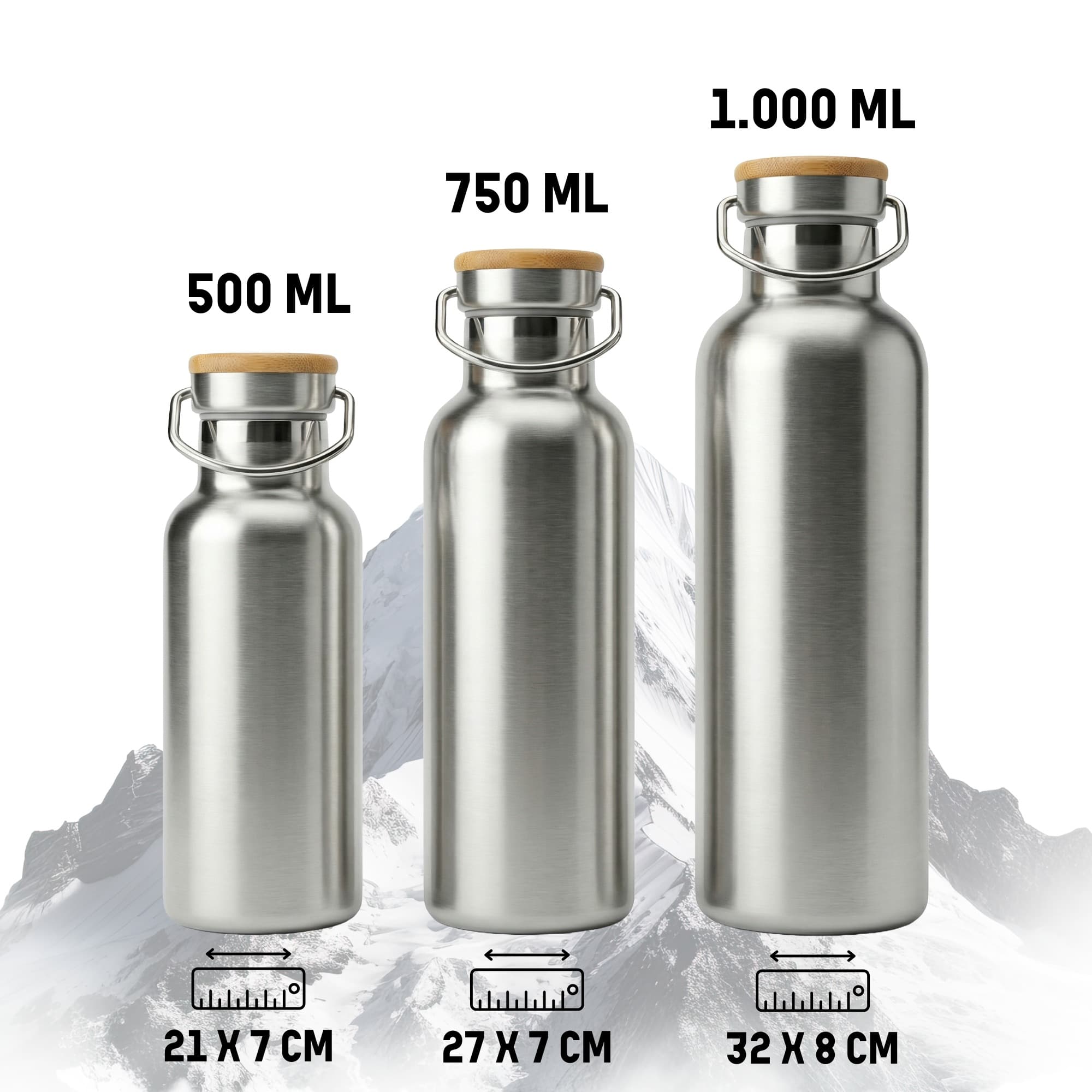 Edelstahl-Trinkflasche mit Bambusdeckel und Mountainbike-Gravur