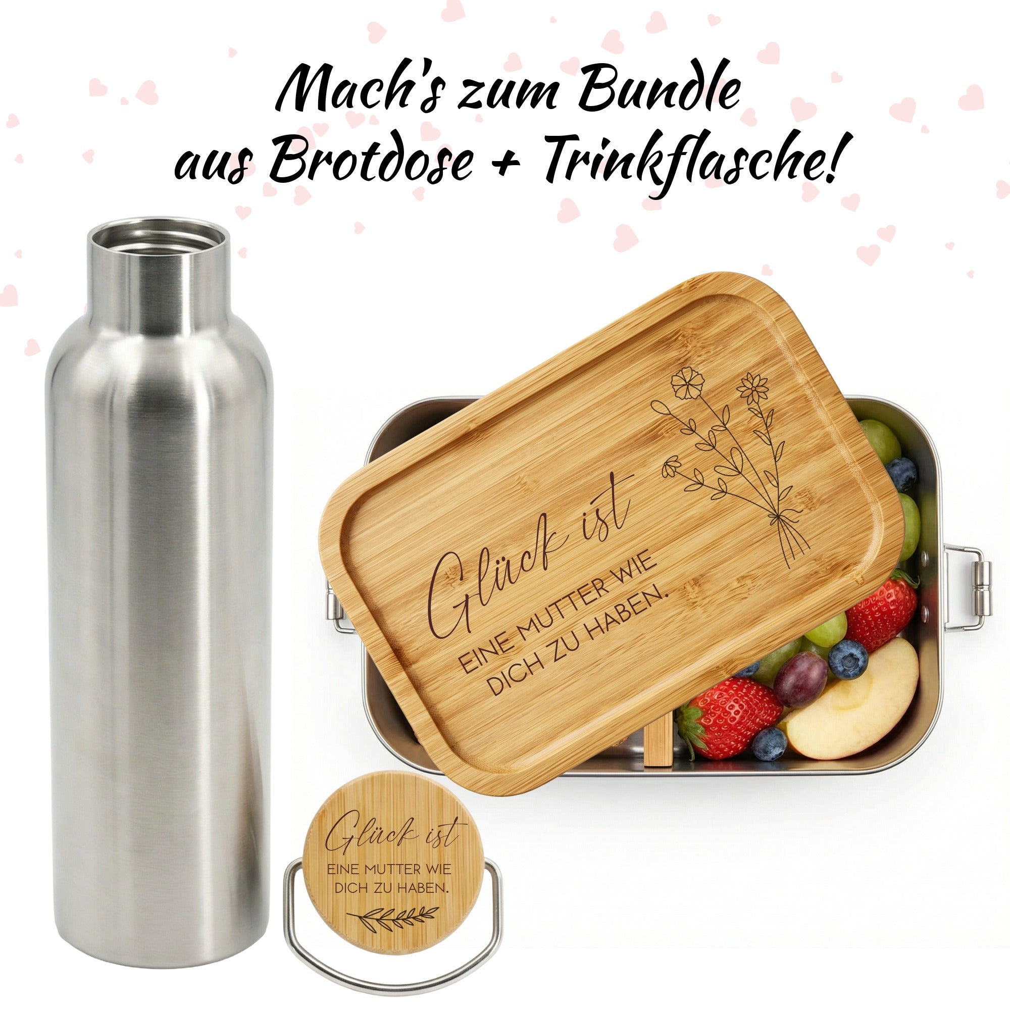 Lunchbox für Mama mit Blumen Gravur auf Bambusdeckel aus Edelstahl