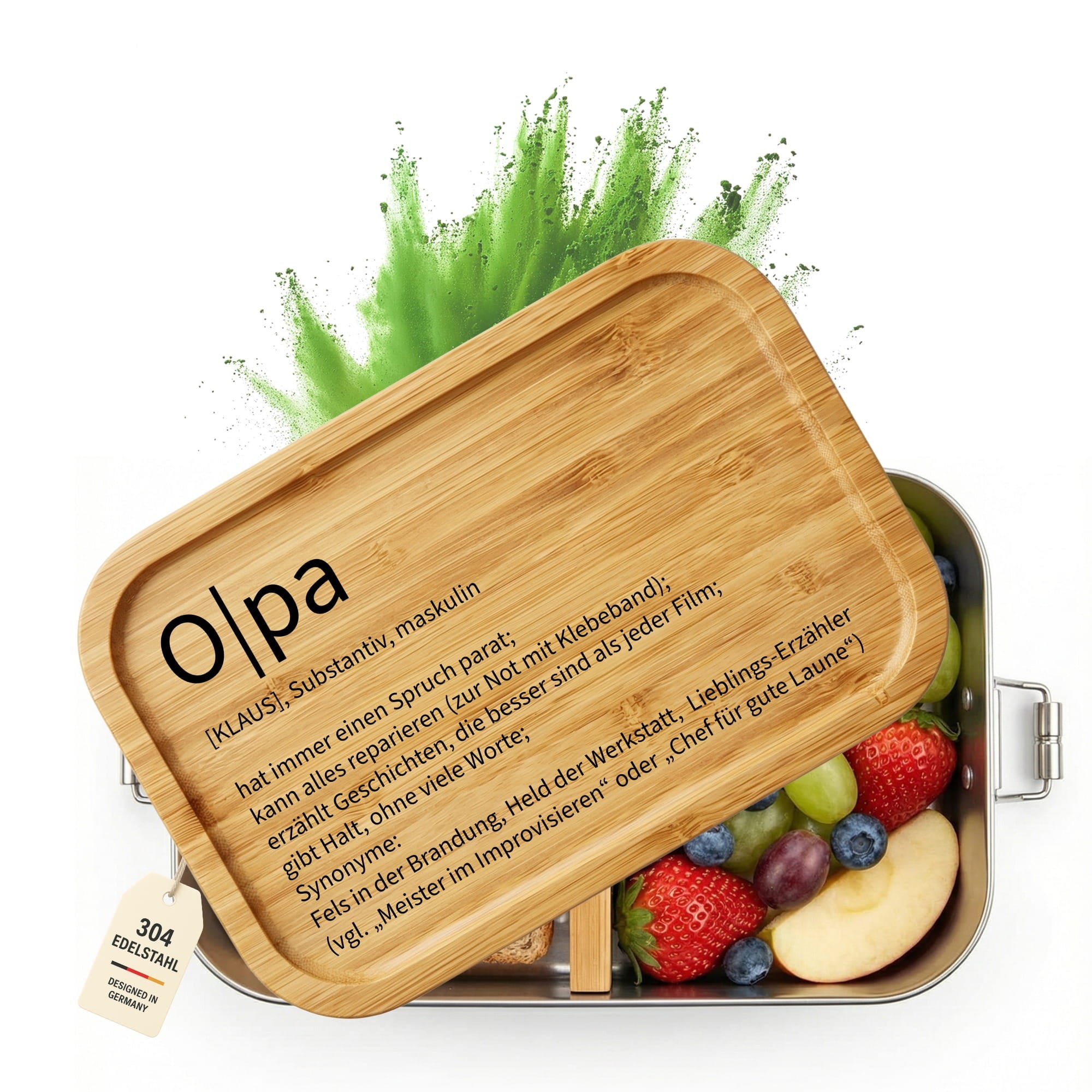 Personalisierte Brotdose für Opa aus Edelstahl mit graviertem Bambusdeckel