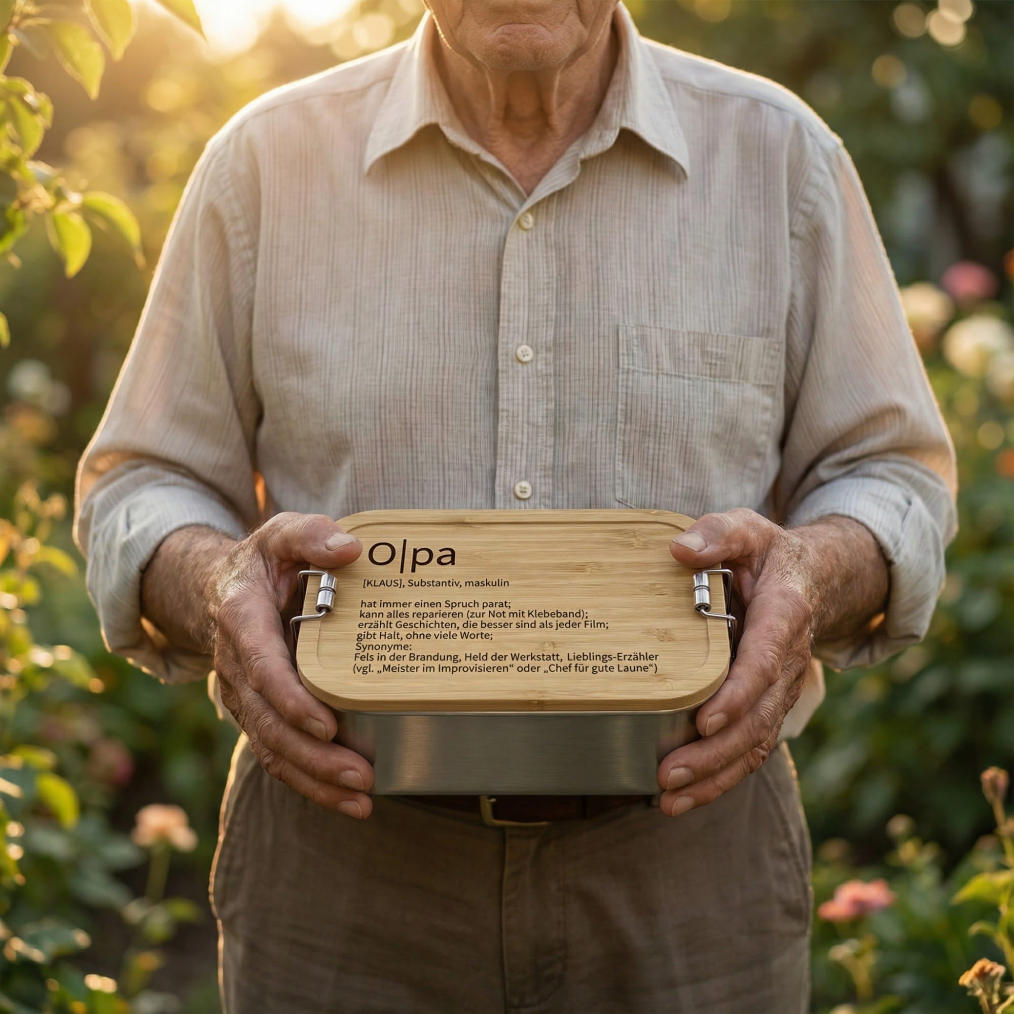 Opa hält personalisierte Brotdose mit Gravur im Garten