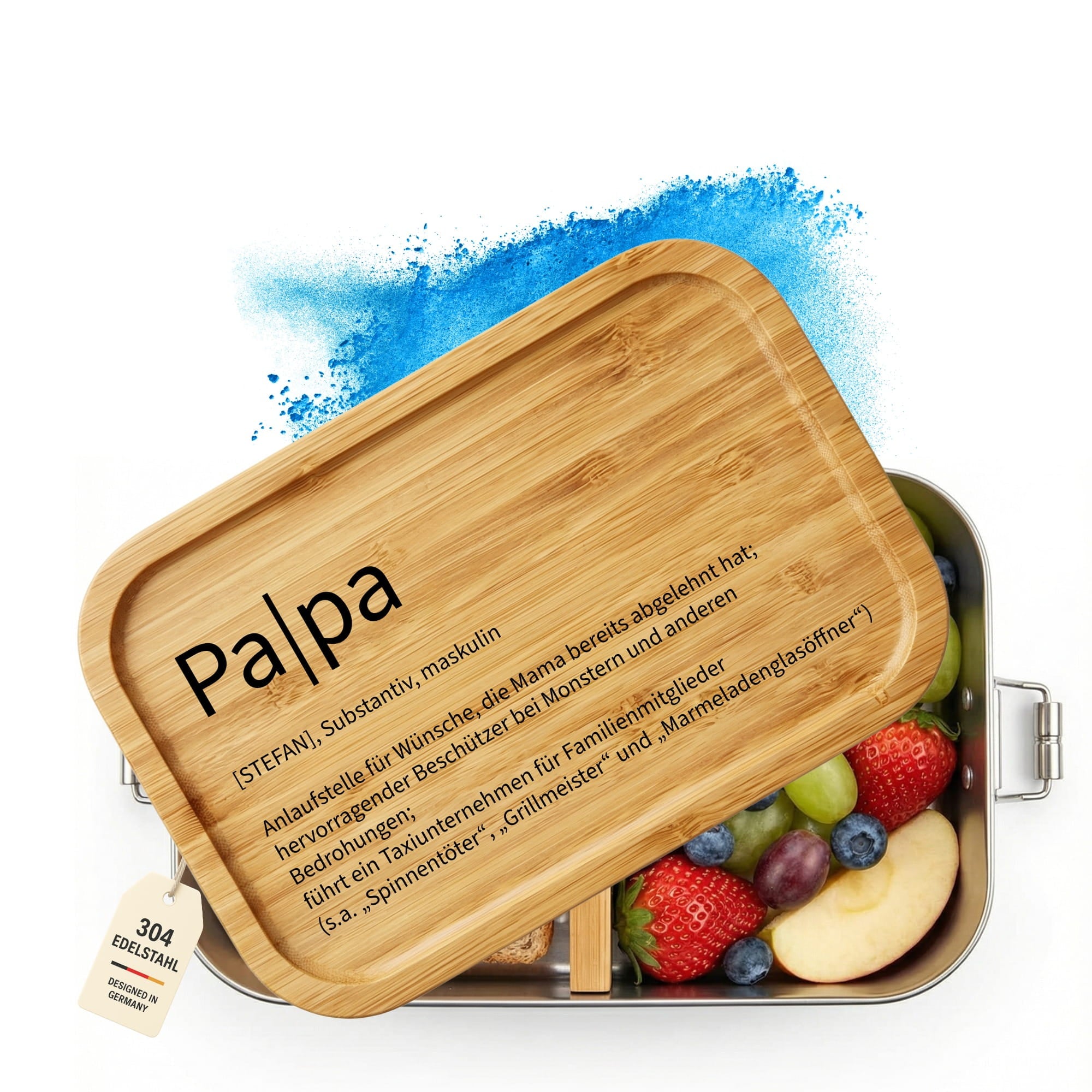 Personalisierte Edelstahl-Brotdose für Papa mit Bambusdeckel und Gravur