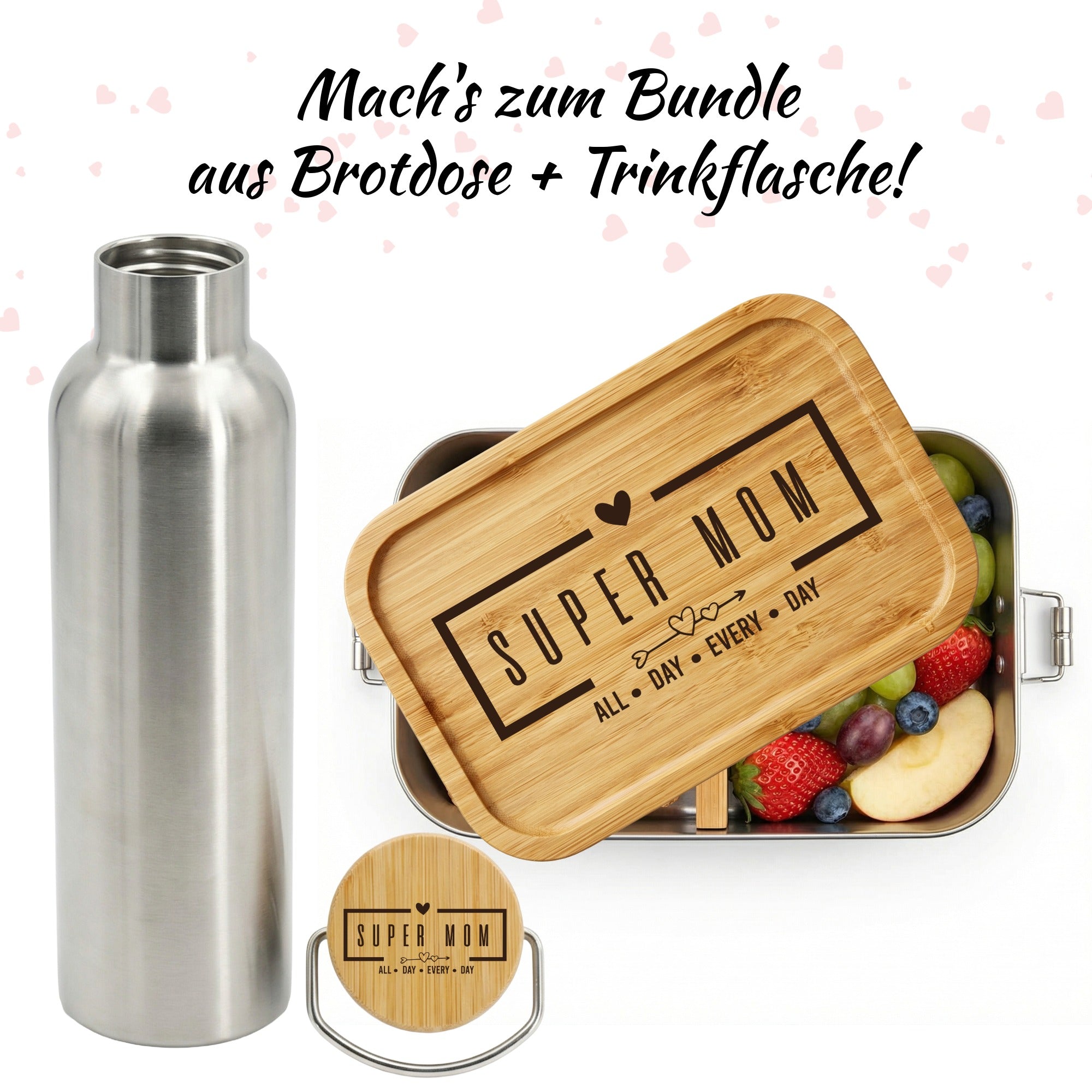 Edelstahl-Brotdose „Super Mom“ mit passender Edelstahl-Trinkflasche und Bambusdeckel als Geschenk-Set