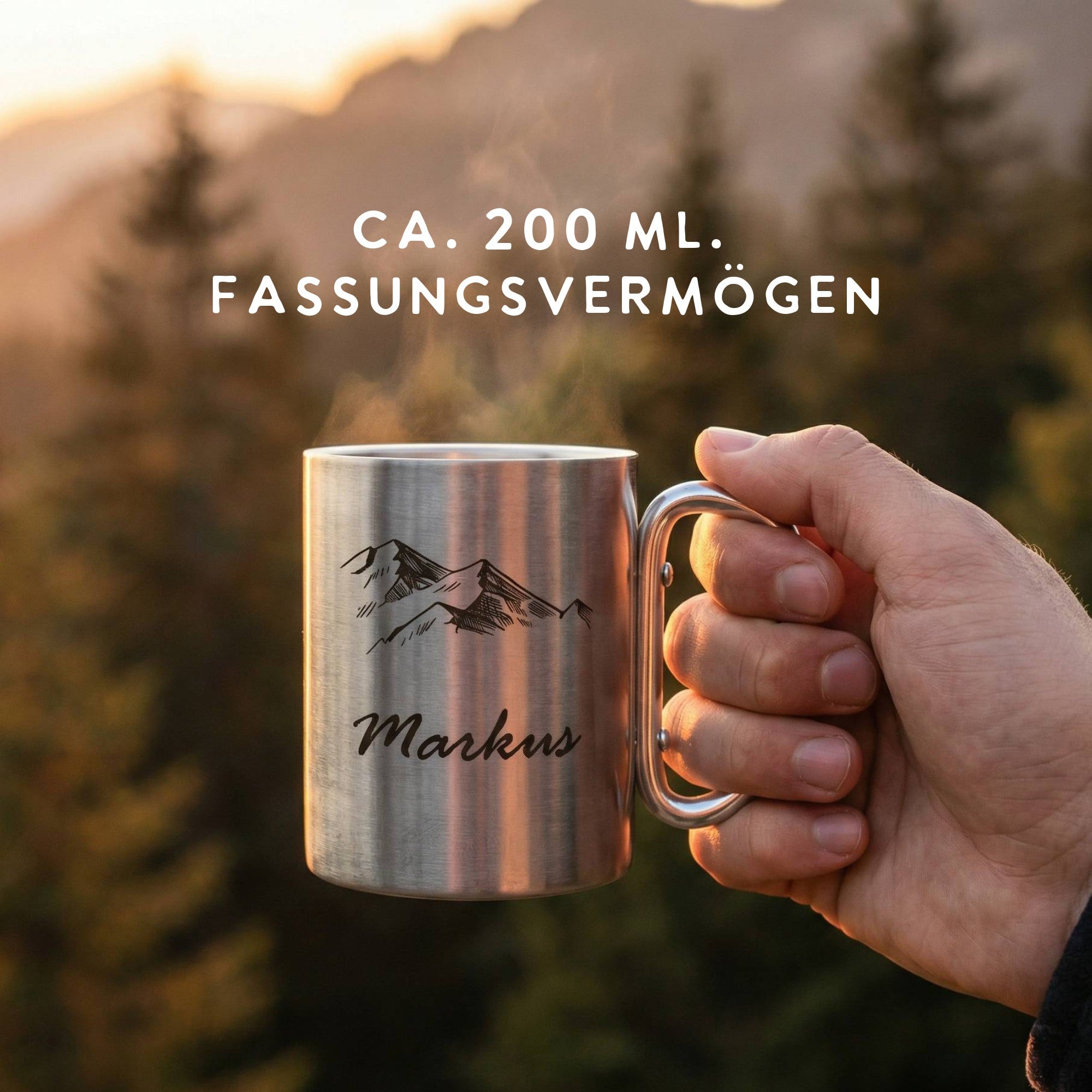 Edelstahl Camping Becher mit Gravur Markus und Karabiner, 200 ml Fassungsvermögen, ideal für Wandern, Camping und Reisen