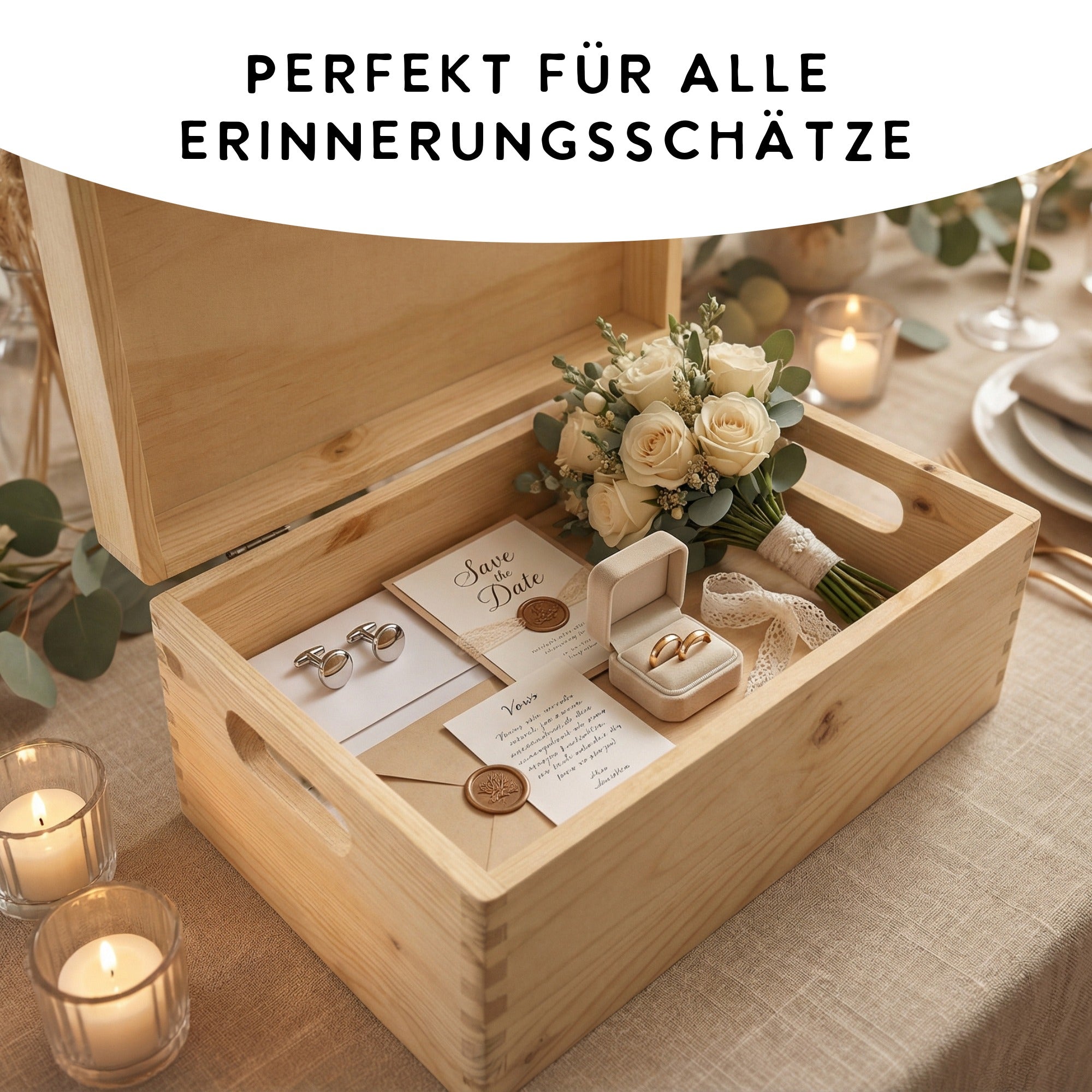 Offene Holz-Erinnerungsbox zur Hochzeit mit Hochzeitsandenken wie Ringbox, Brautstrauß und Save-the-Date Karten