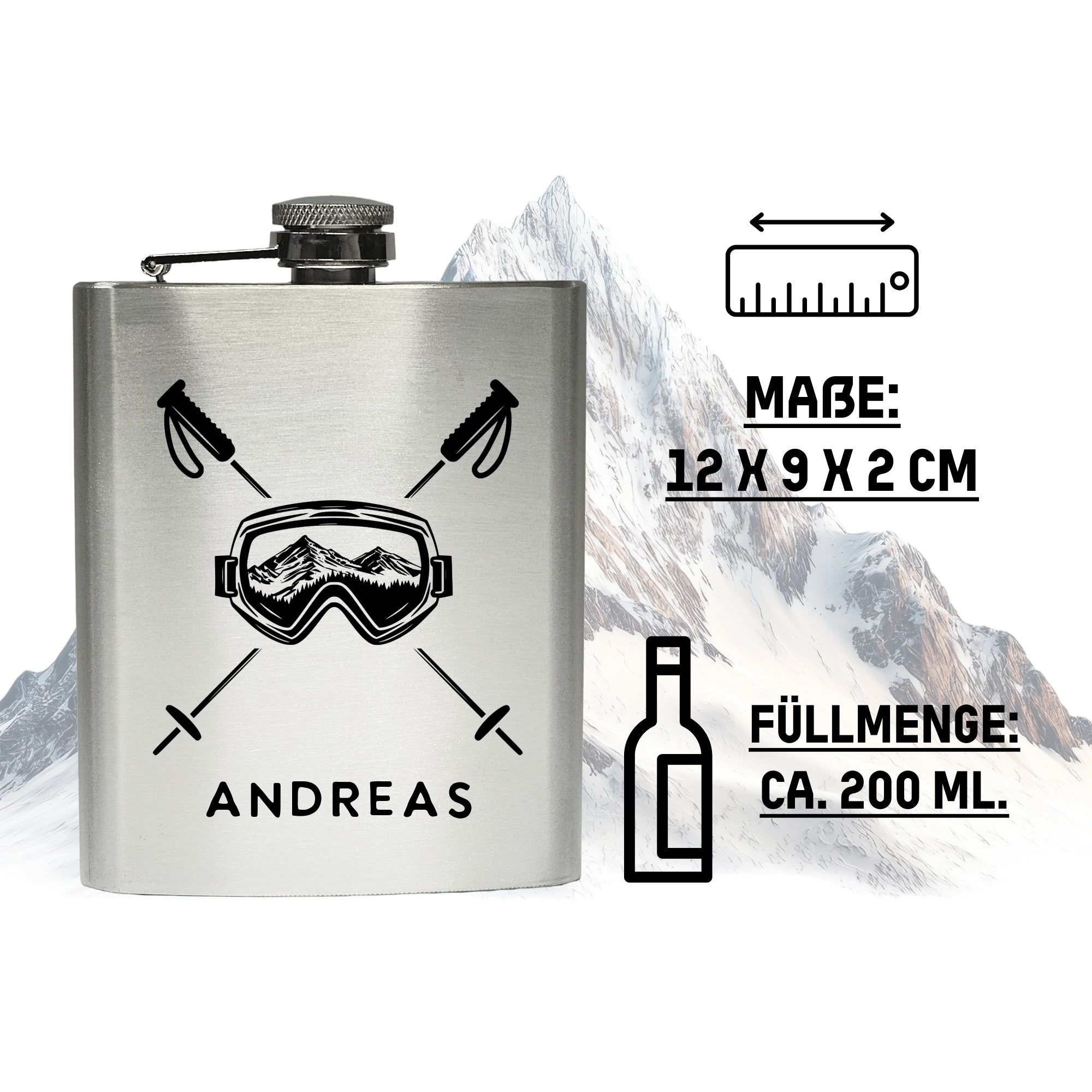 Edelstahl Flachmann personalisiert mit Skigravur – Maße 12x9x2 cm, 200 ml Füllmenge – auslaufsicherer Schraubverschluss