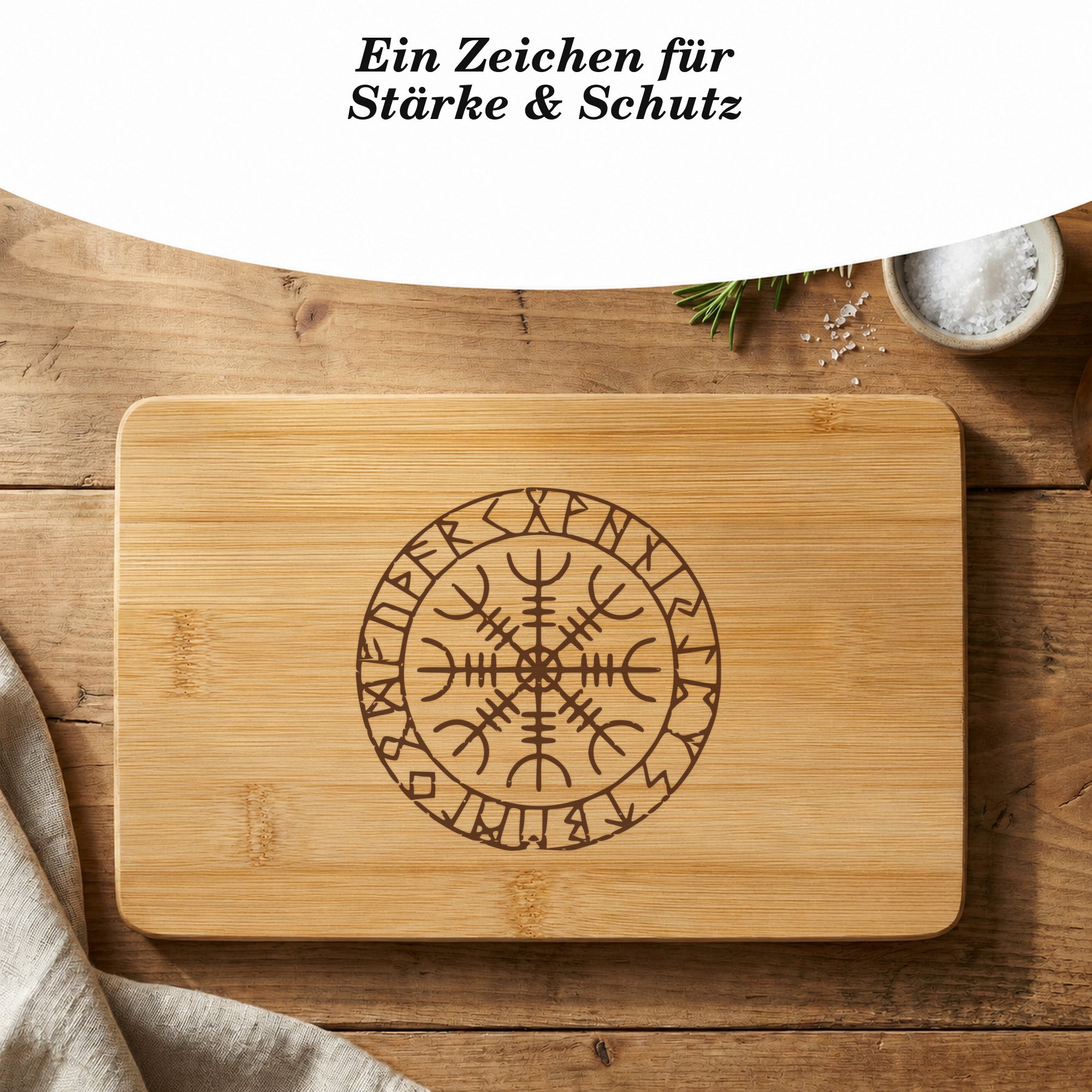 Aegishjalmur-Bambusbrettchen mit Geschenktext Ein Zeichen für Stärke und Schutz