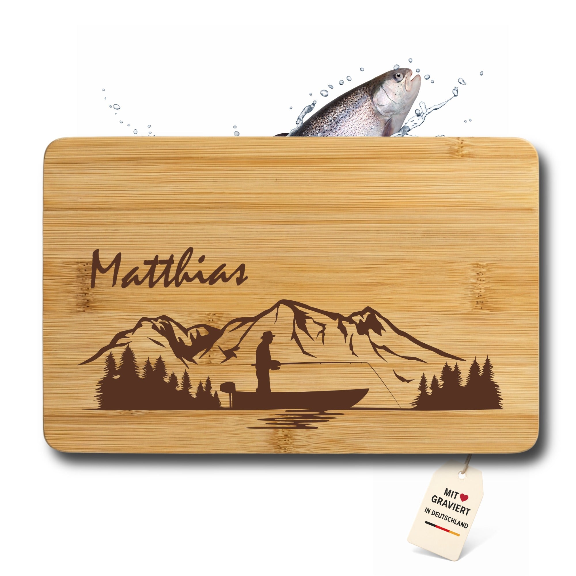 Personalisiertes Bambus Brettchen mit Angelmotiv und Name, Frühstücksbrett für Angler mit langlebiger Lasergravur