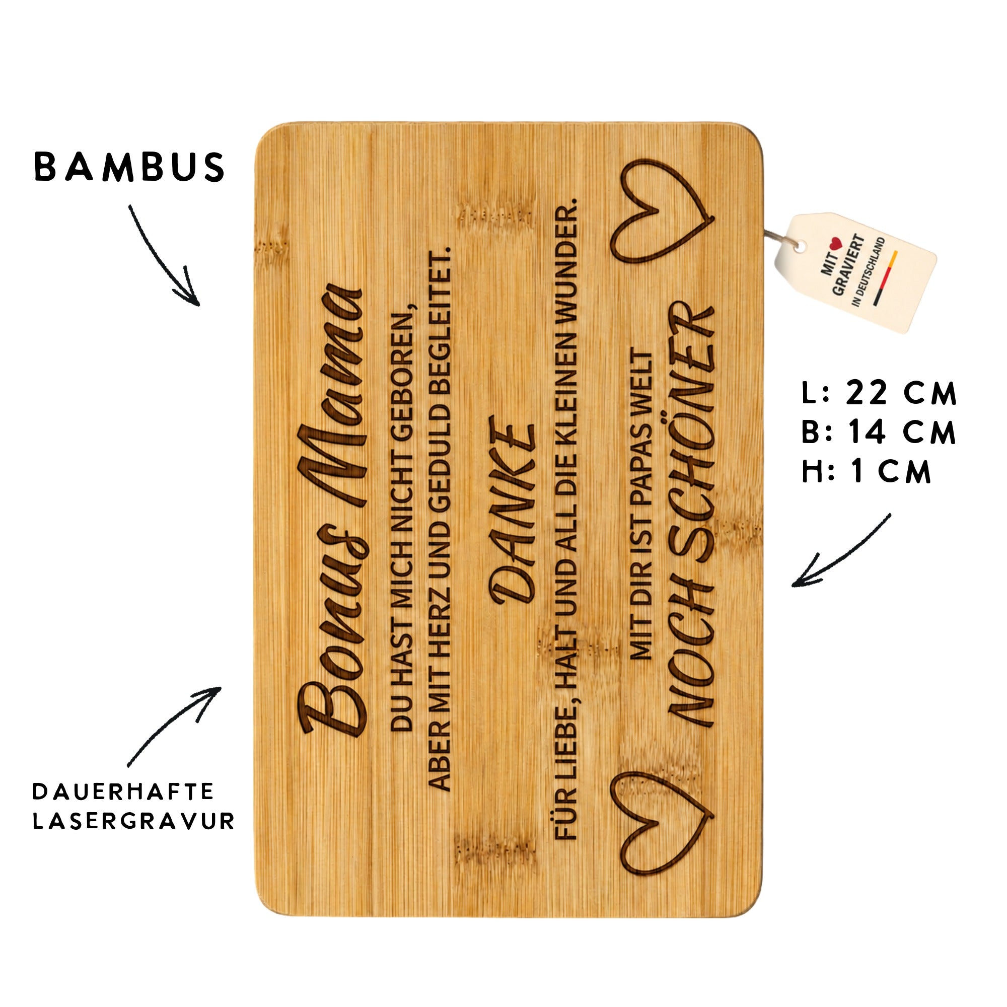 Bonus Mama Bambusbrettchen mit dauerhafter Lasergravur und Maßen 22 x 14 x 1 cm