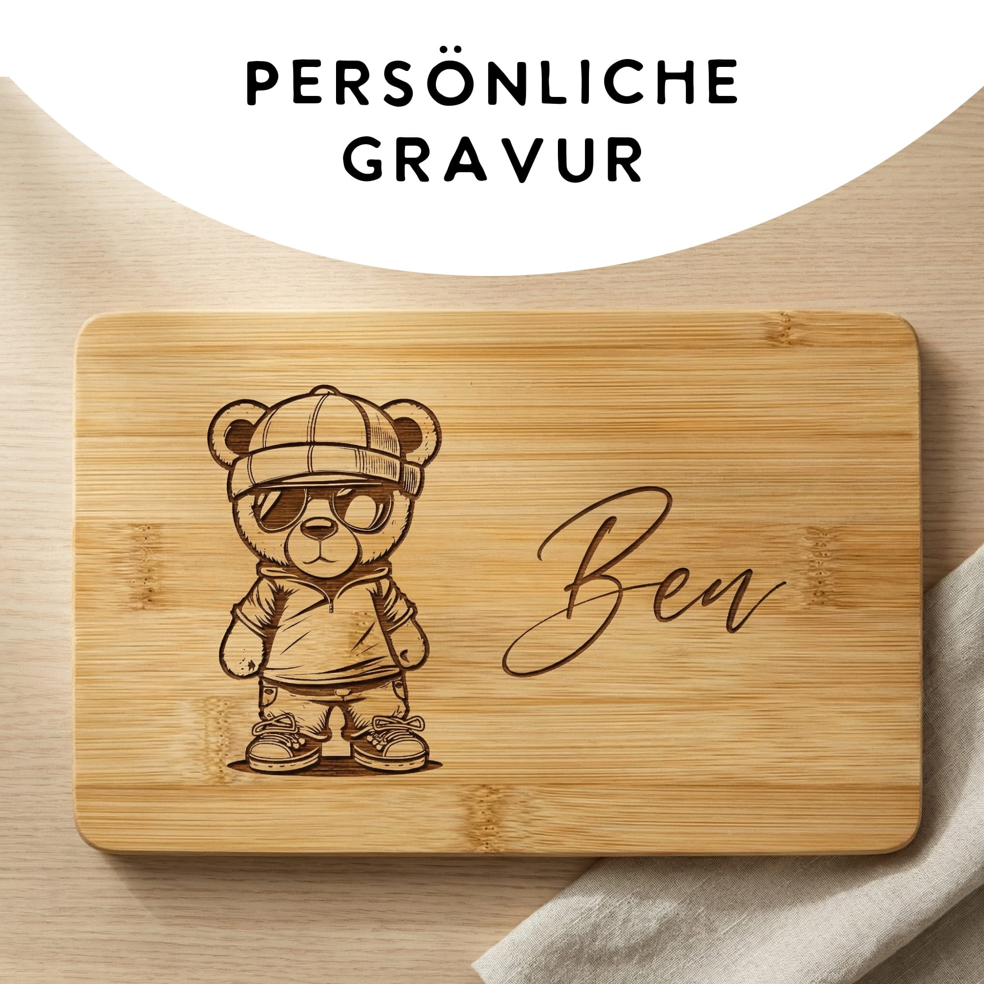 Frühstücksbrettchen mit Teddy Motiv und Schriftzug persönliche Gravur