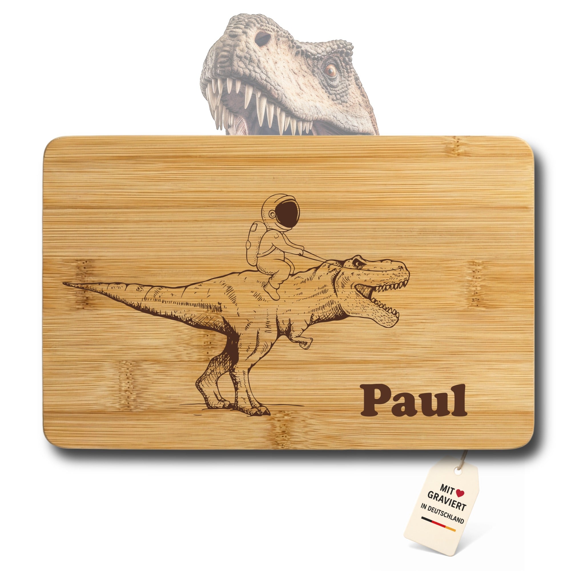 Personalisiertes Kinder Frühstücksbrett aus Bambus mit Dino Gravur – Geschenkidee für kleine Dino Fans