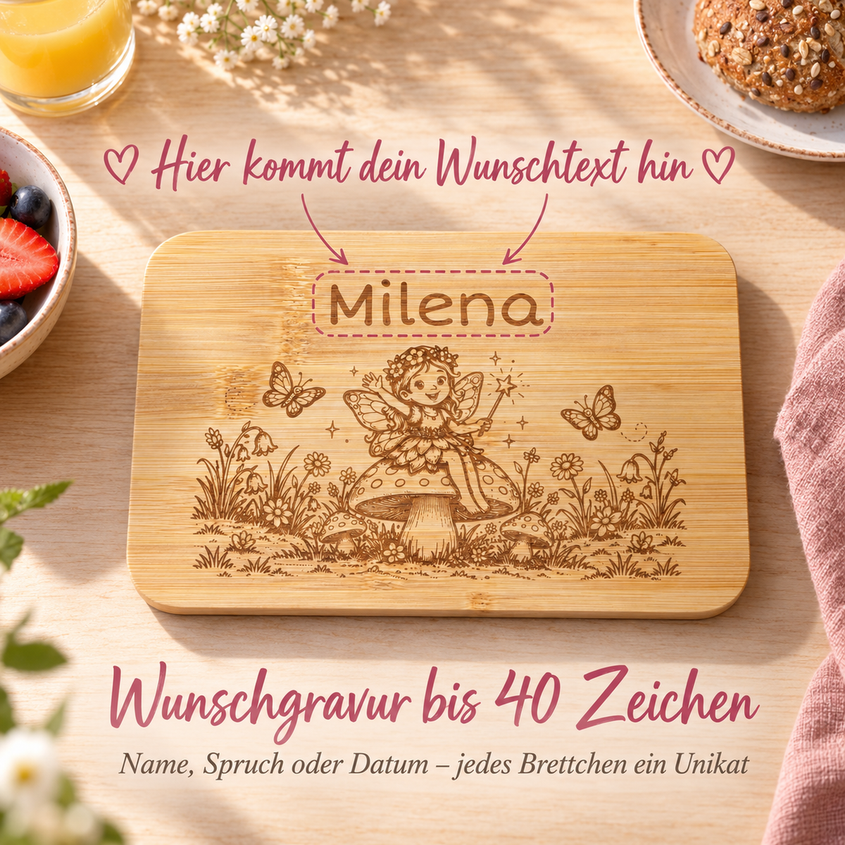 Frühstücksbrettchen Elfe mit Beispiel für die Wunschgravur, bis zu 40 Zeichen frei wählbar.
