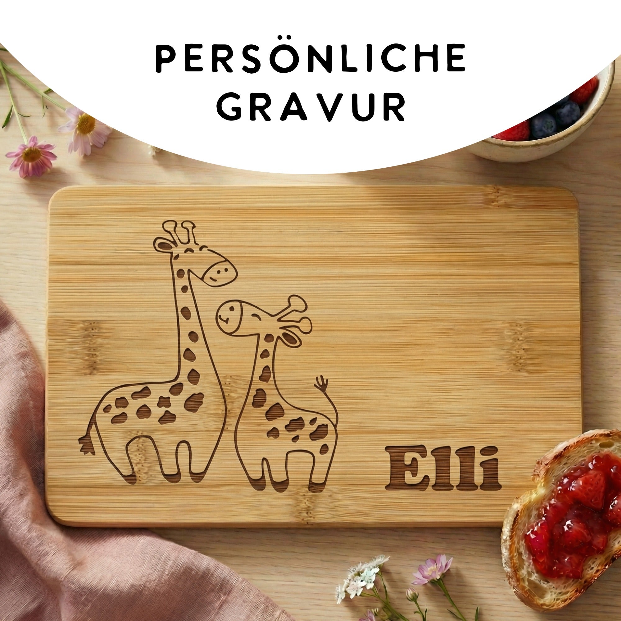 Frühstücksbrettchen für Kinder mit Giraffen Design und individueller Namensgravur als Geschenkidee