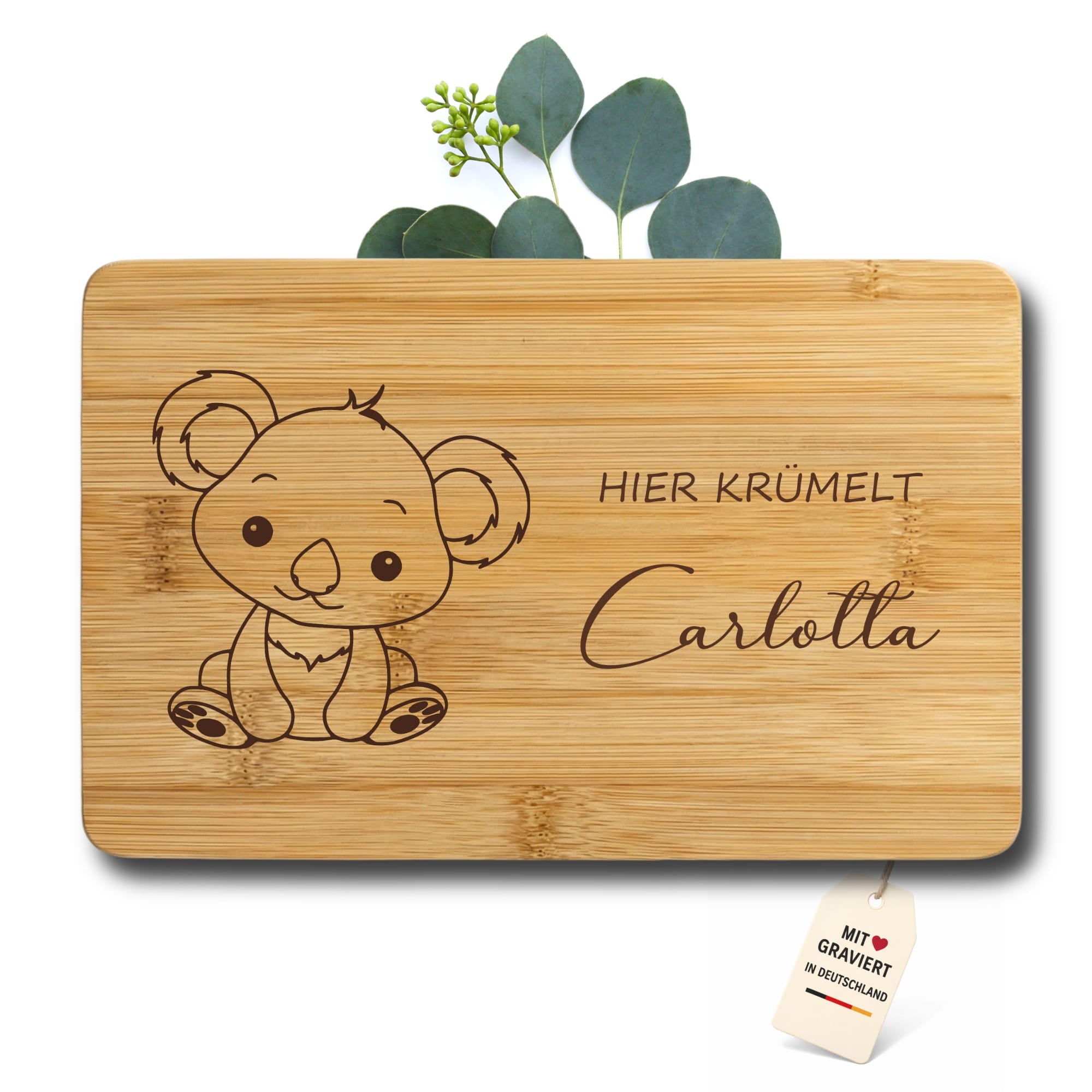 Personalisiertes Kinderbrett aus Bambus mit süßem Koala Design – hochwertig graviertes Holzbrett mit Name