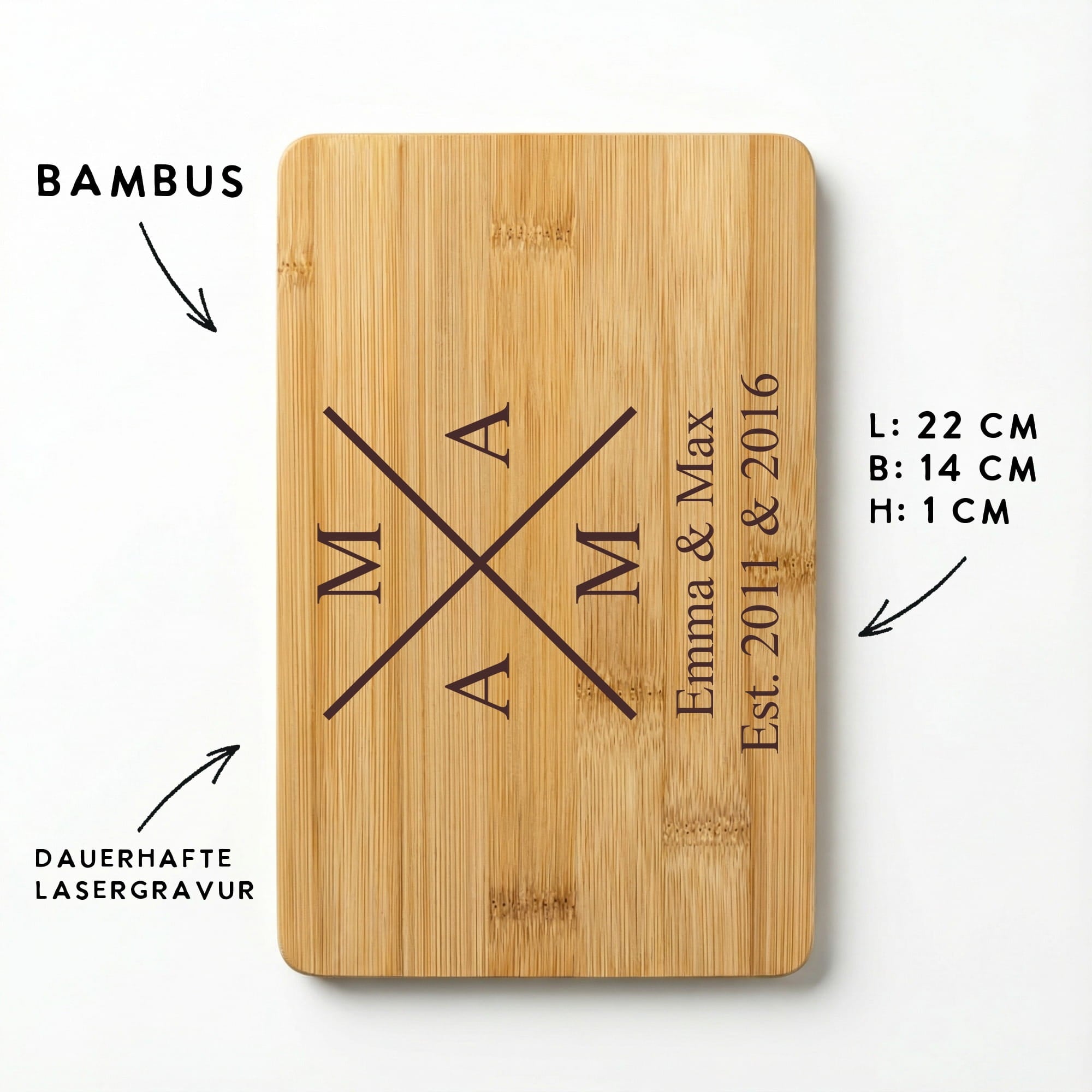 Bambus Schneidebrett 22x14 cm mit Mama X Gravur und personalisierbarem Textfeld unter dem Motiv