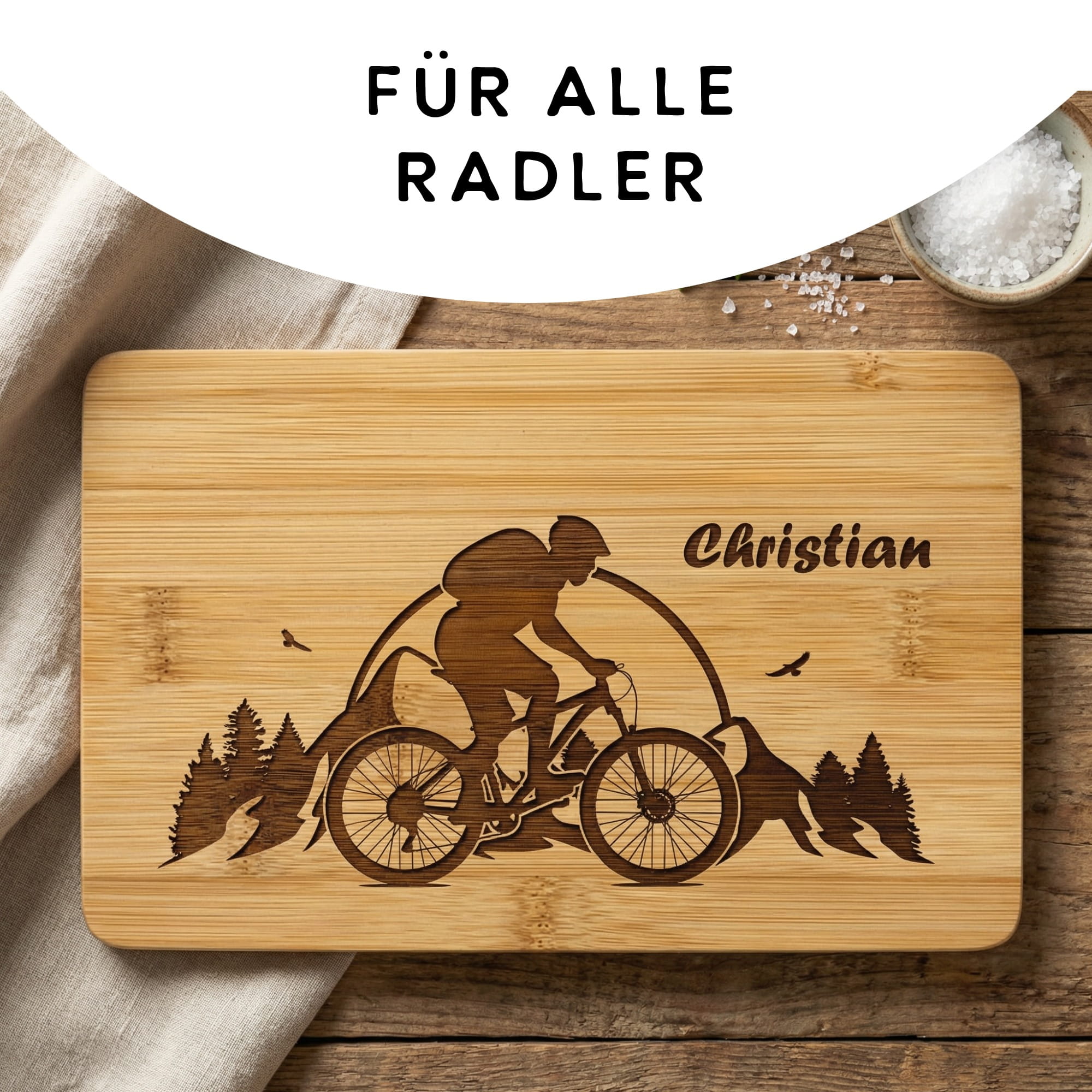 Personalisiertes Frühstücksbrettchen für alle Radler mit Mountainbike Motiv und Name Christian