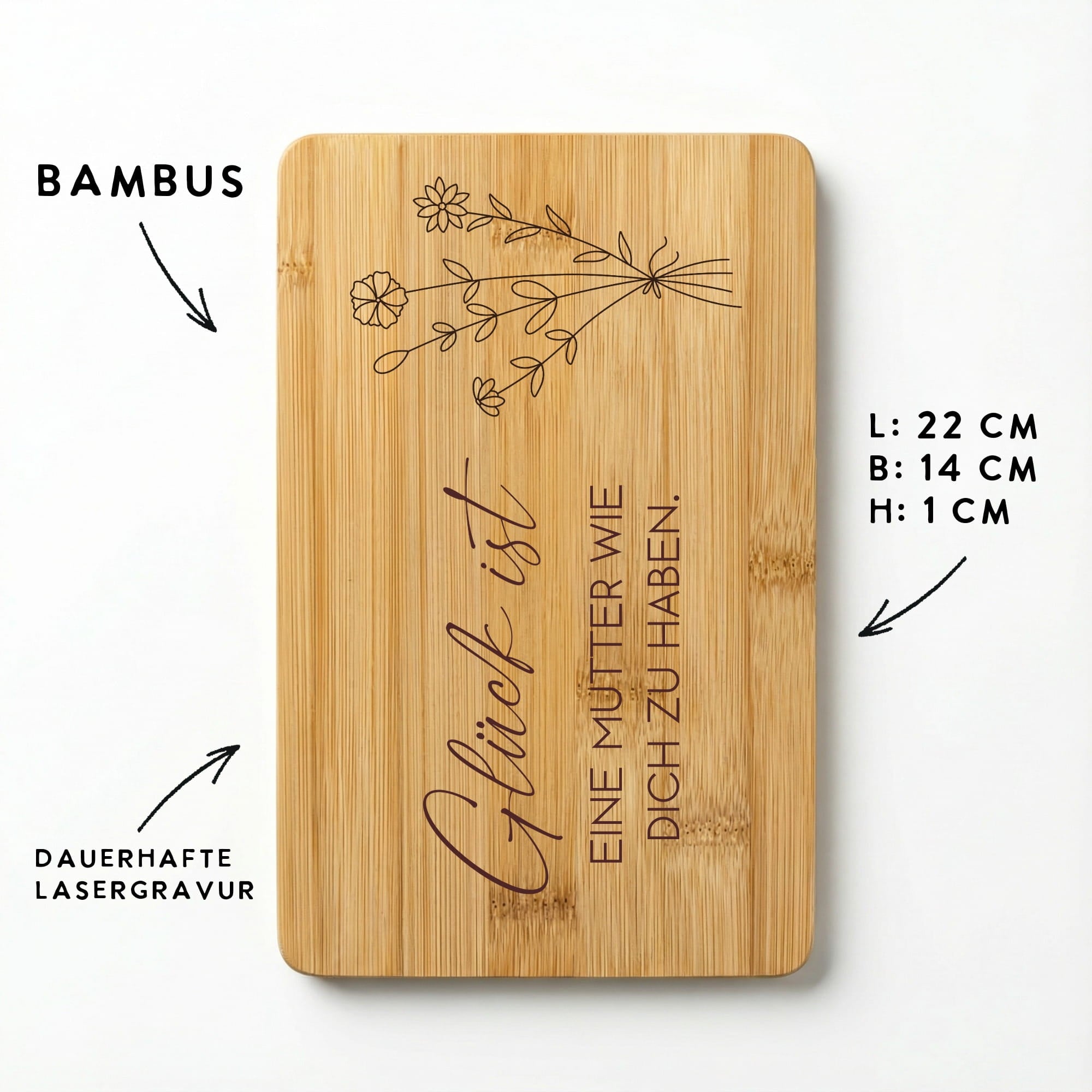 Bambus Schneidebrett mit Gravur und Blumenmotiv, Maße 22 x 14 x 1 cm