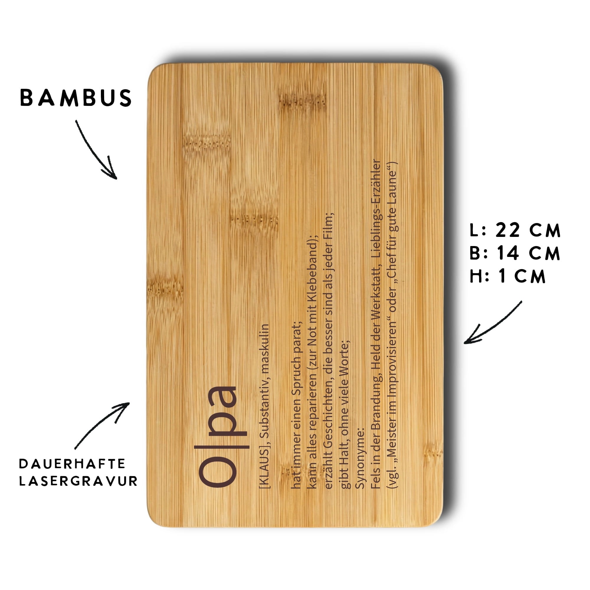 Bambus Frühstücksbrettchen mit Opa Gravur, Maßangaben und langlebiger Lasergravur Hinweis