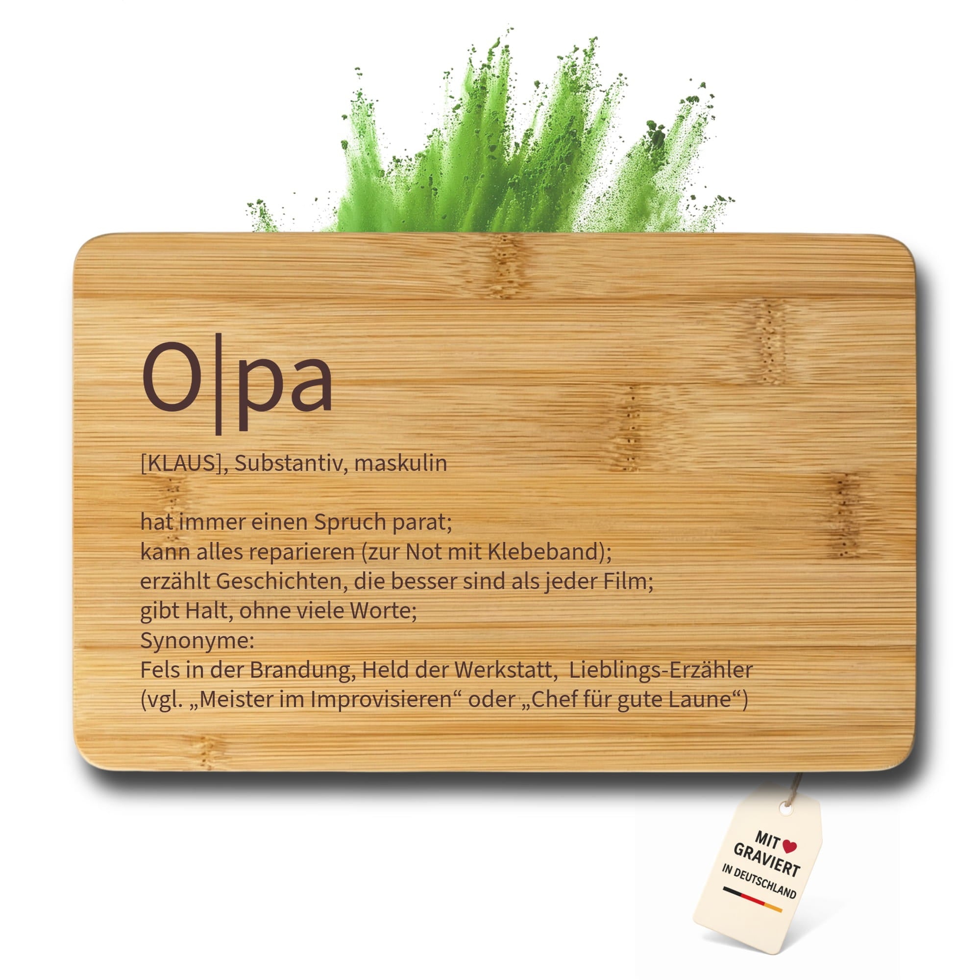 Holzbrett mit Olpa Gravur, personalisiertem Namen und dekorativen Designelementen