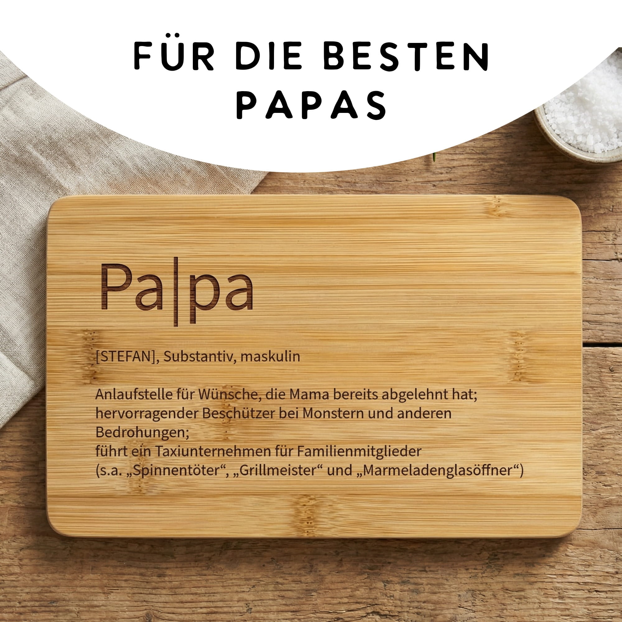 Frühstücksbrettchen mit Text für die besten Papas und humorvoller Palpa Definition
