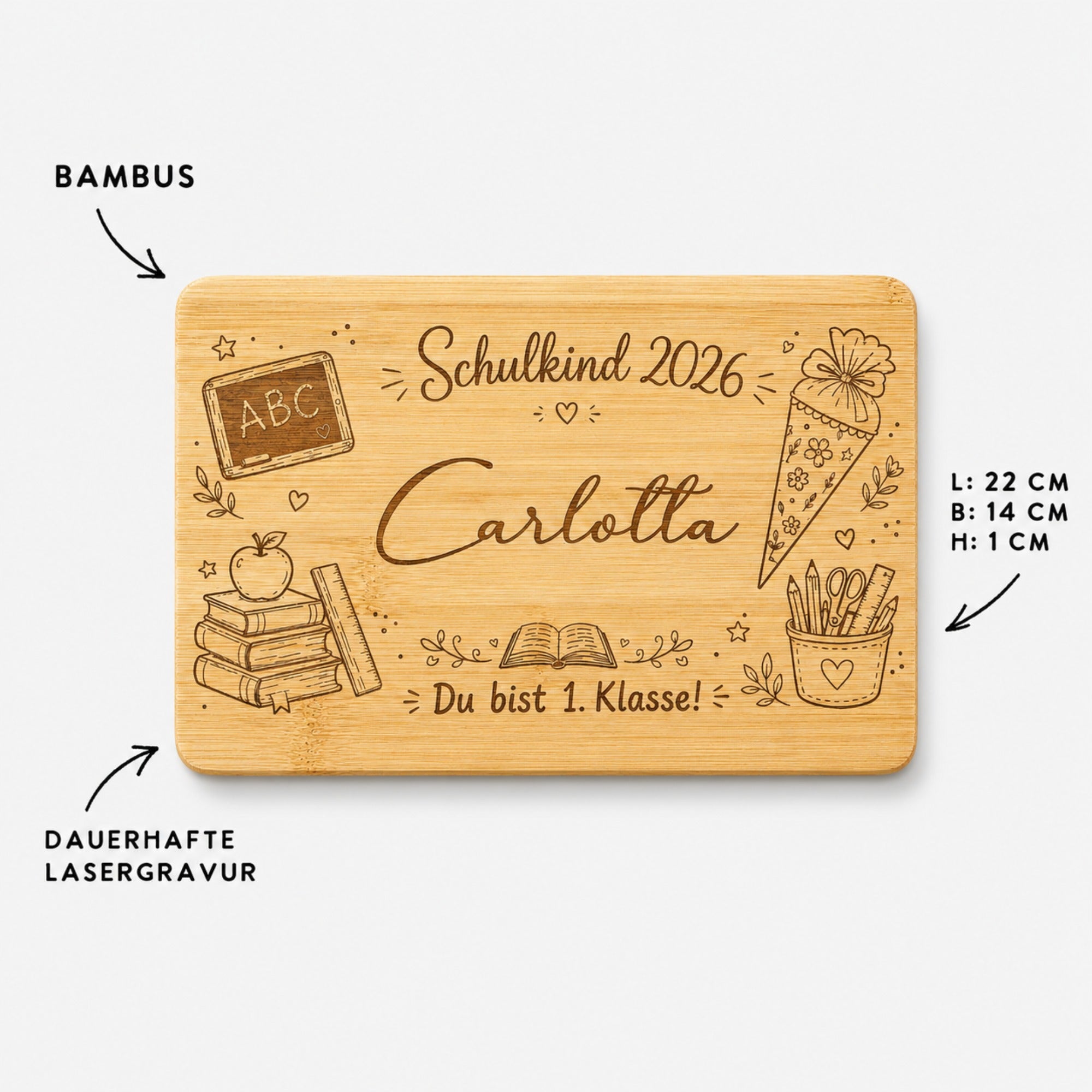 Graviertes Bambus Frühstücksbrettchen für Schulkind 2026 mit Wunschname, ABC-Tafel, Stiften und Maßen 22 x 14 x 1 cm