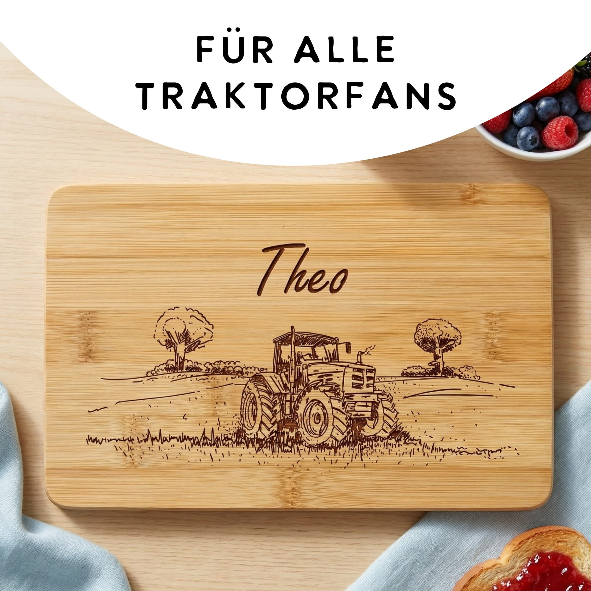 Graviertes Frühstücksbrett für Kinder mit Traktor und individuellem Wunschname, Geschenkidee für Bauernhof und Trekker Fans.
