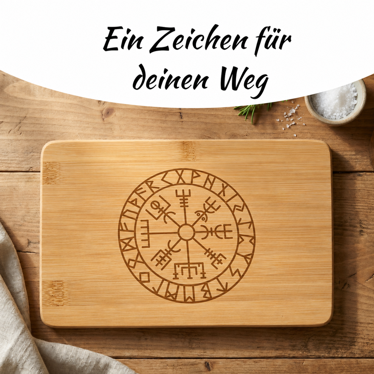Vegvísir-Bambusbrettchen mit Geschenktext Ein Zeichen für deinen Weg