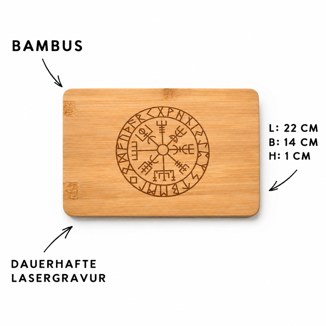 Vegvísir-Frühstücksbrettchen aus Bambus mit Maßangaben 22 × 14 × 1 cm