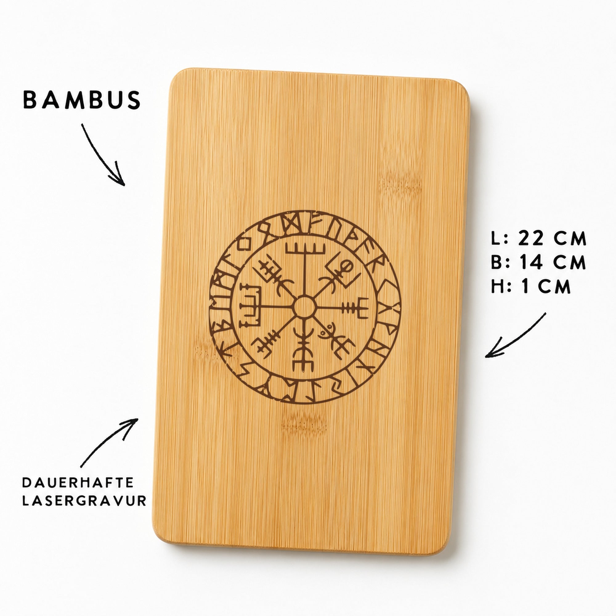 Vegvísir-Frühstücksbrettchen aus Bambus mit Maßen 22 × 14 × 1 cm