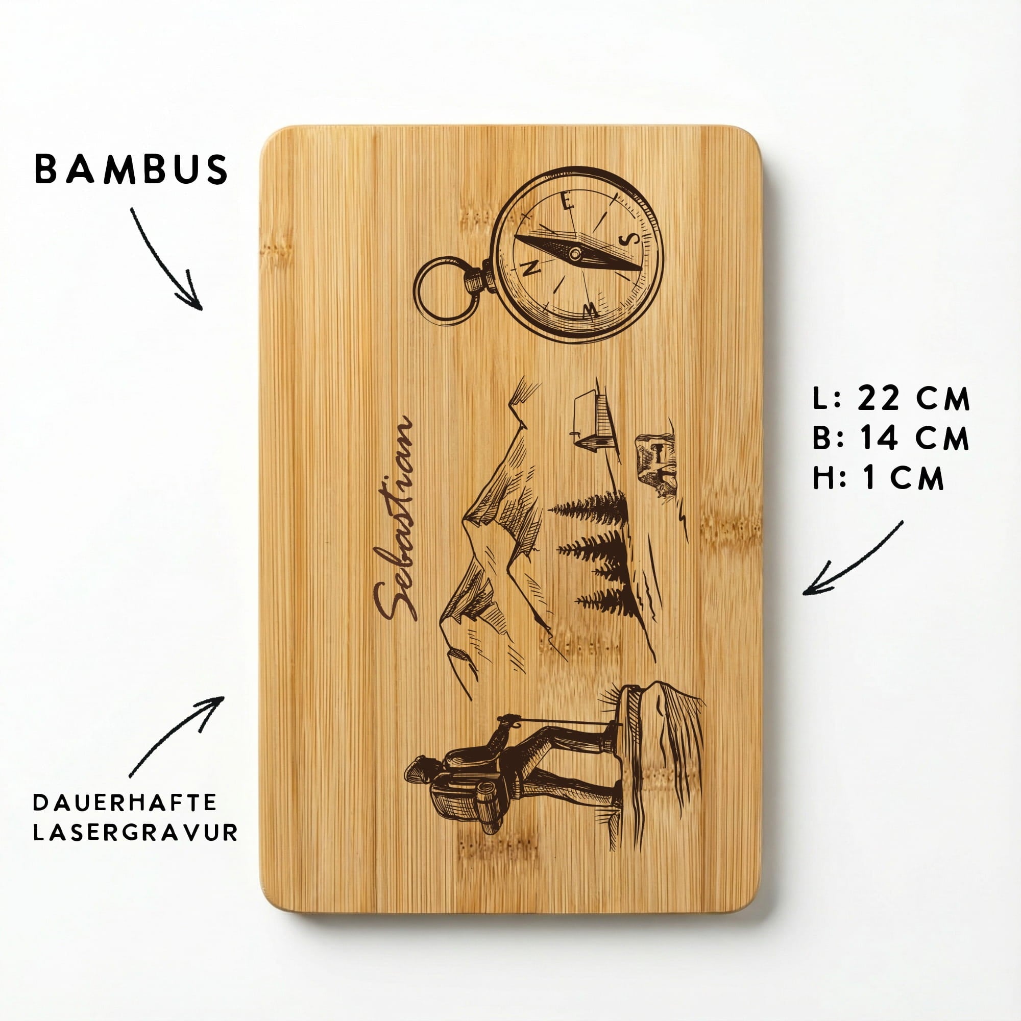 Frühstücksbrettchen aus Bambus mit dauerhafter Lasergravur – Maße 22x14 cm – personalisierbares Schneidebrett mit Wanderer Motiv
