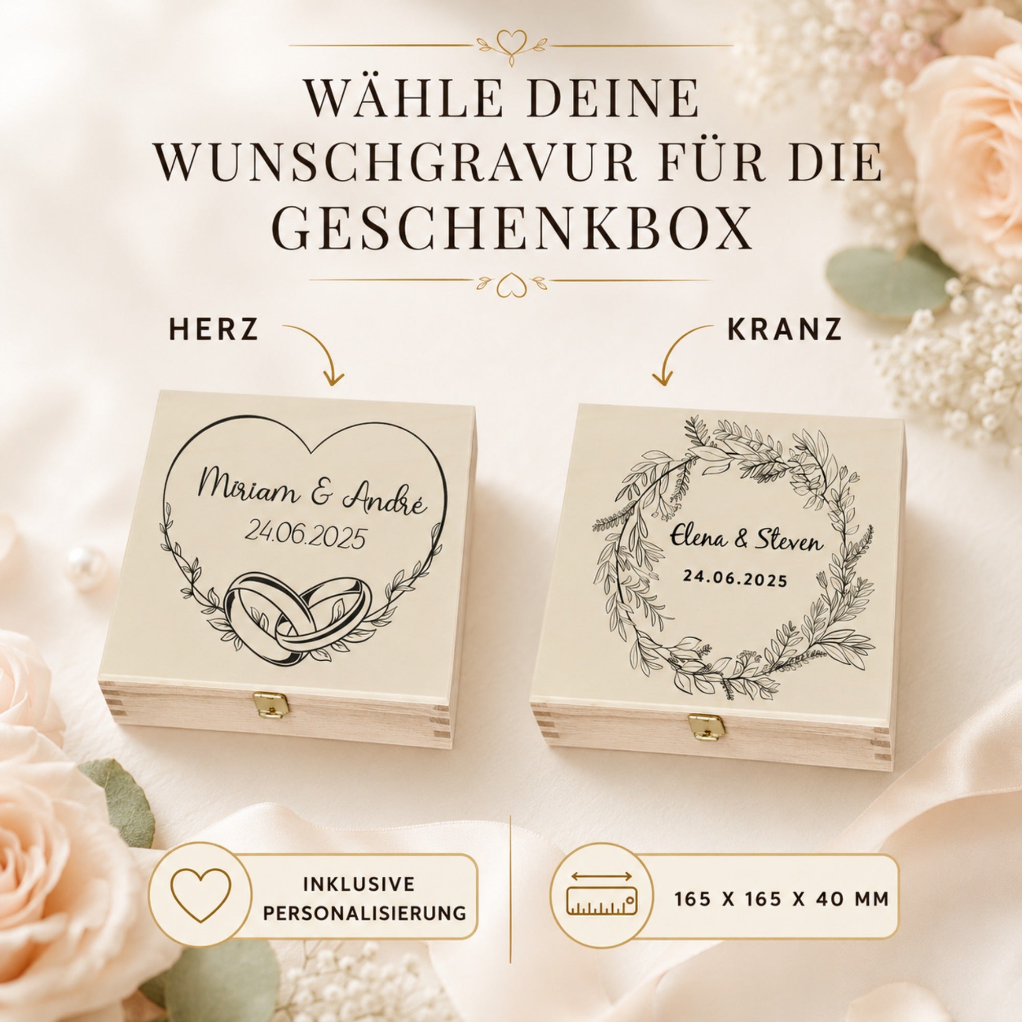 Geschenkbox zur Hochzeit mit wählbarer Wunschgravur Herz oder Kranz