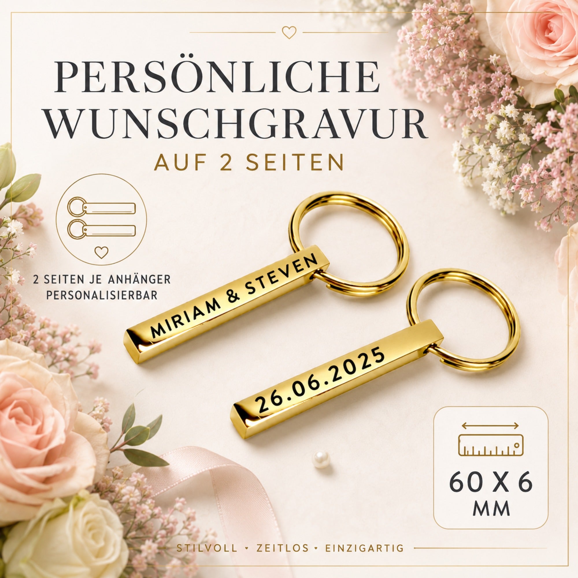Personalisierte goldene Schlüsselanhänger mit Namen und Hochzeitsdatum