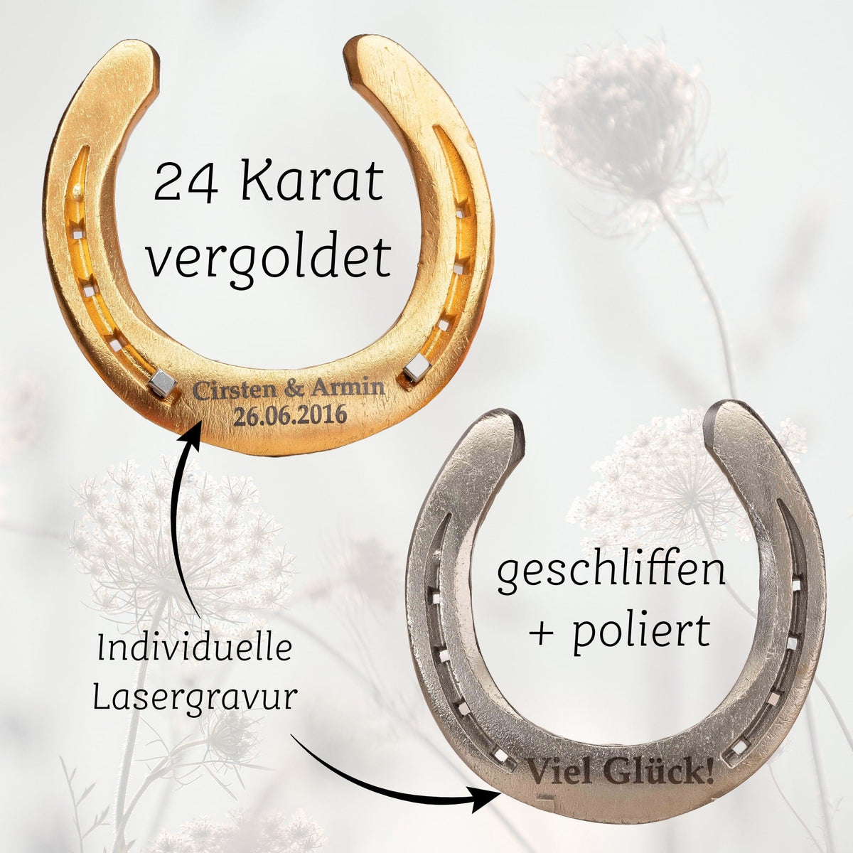Hochzeitsgeschenk Glückshufeisen mit Holzbox „Tauben“ – Ansicht 2