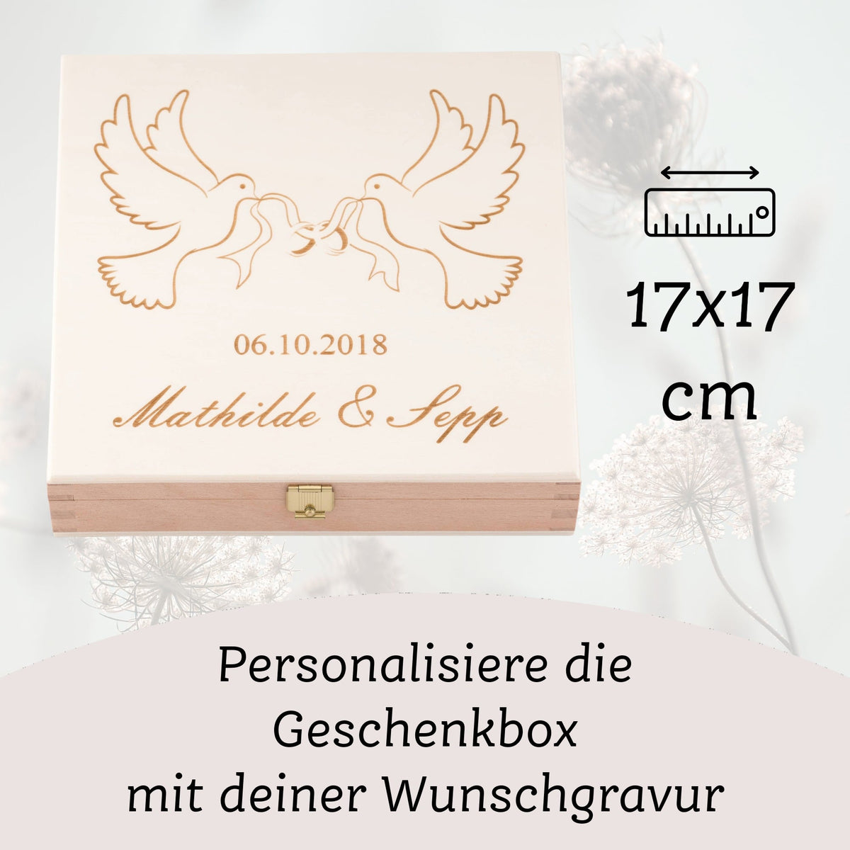 Hochzeitsgeschenk Glückshufeisen mit Holzbox „Tauben“ – Ansicht 5