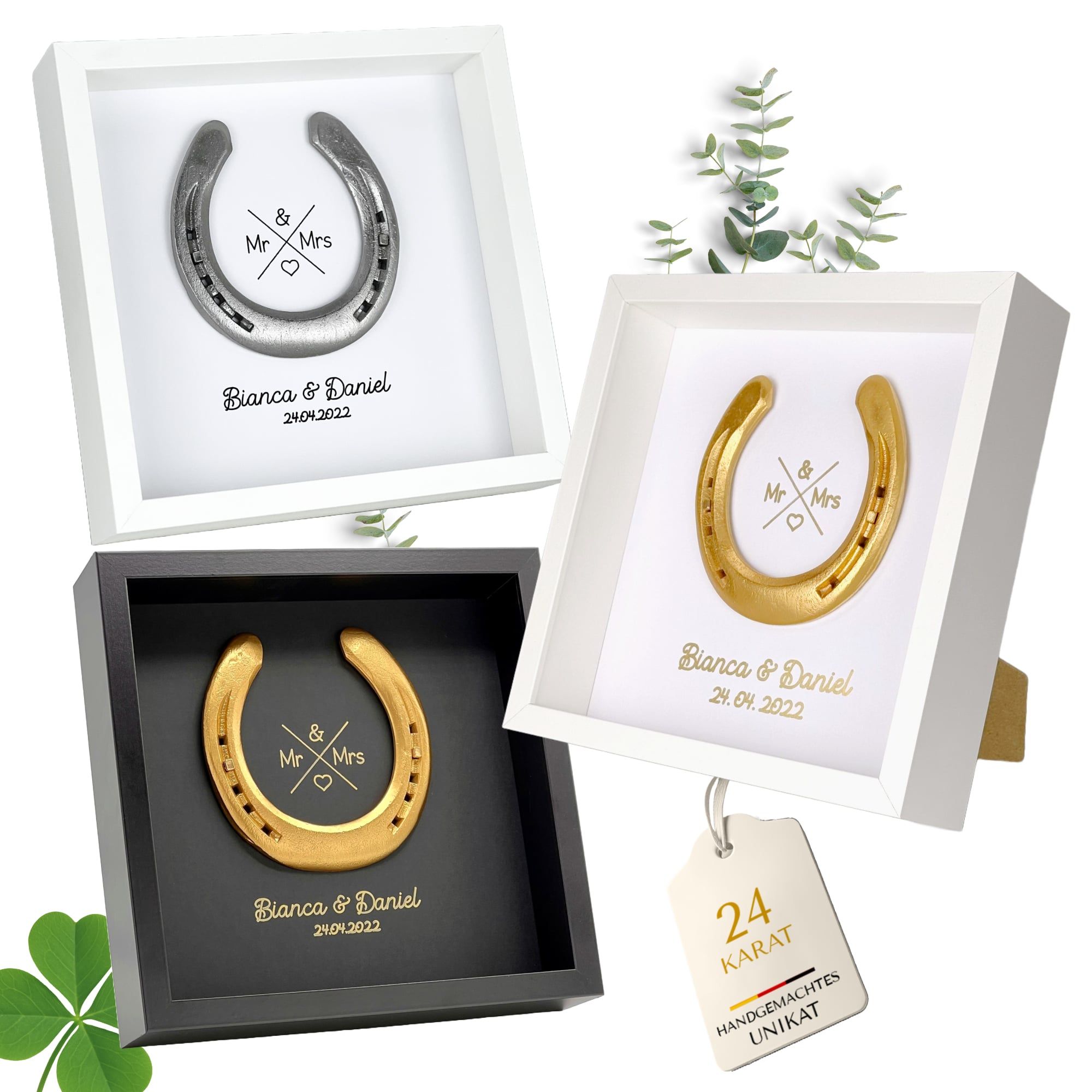 Glückshufeisen im Bilderrahmen "Mr. & Mrs."