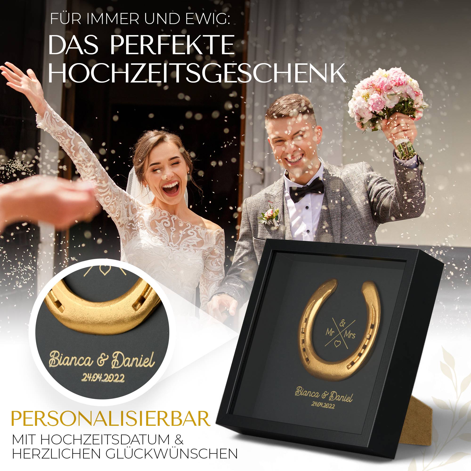 Glückshufeisen im Bilderrahmen "Mr. & Mrs."