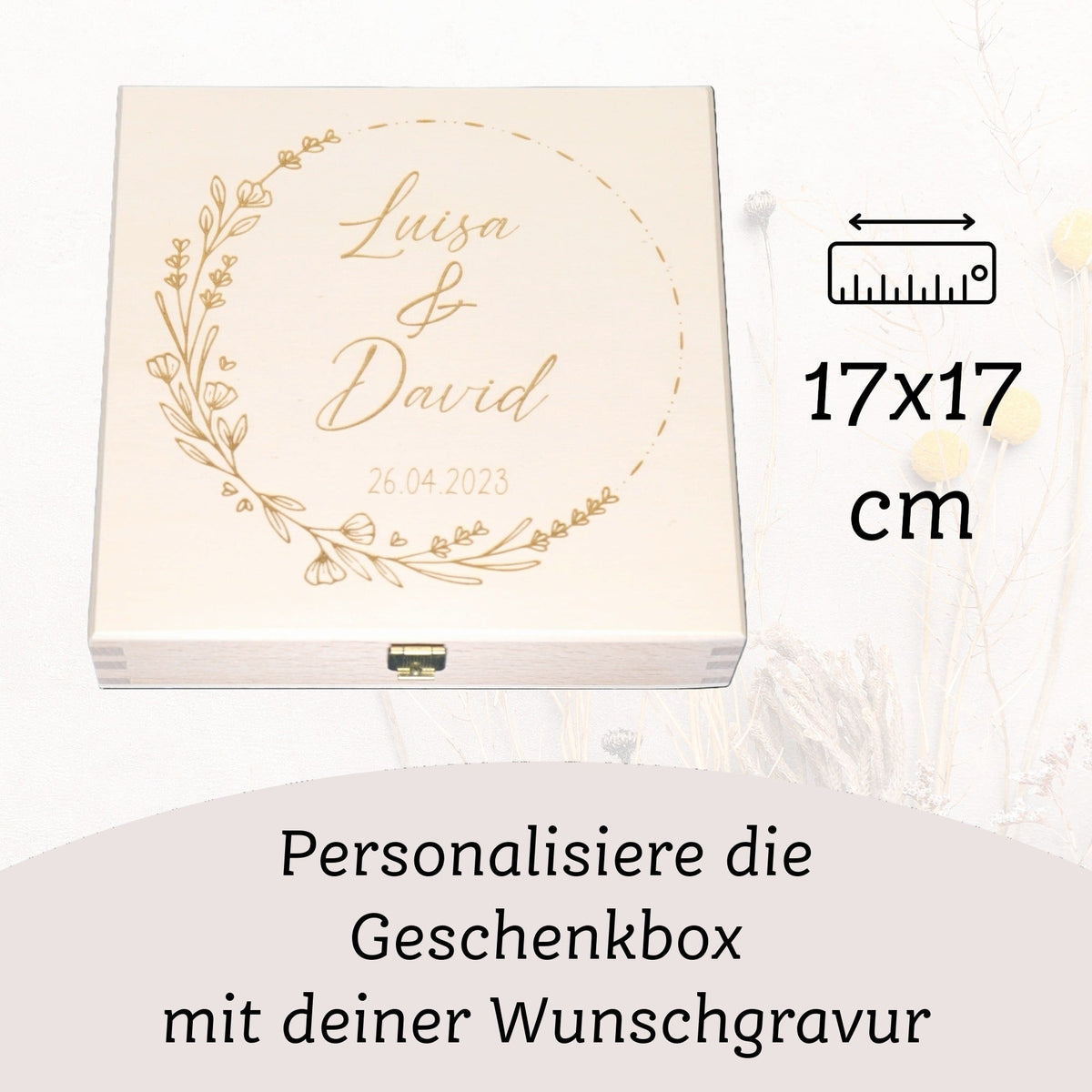 Hochzeitsgeschenk Glückshufeisen mit Holzbox „Blumenkranz“ – Ansicht 4