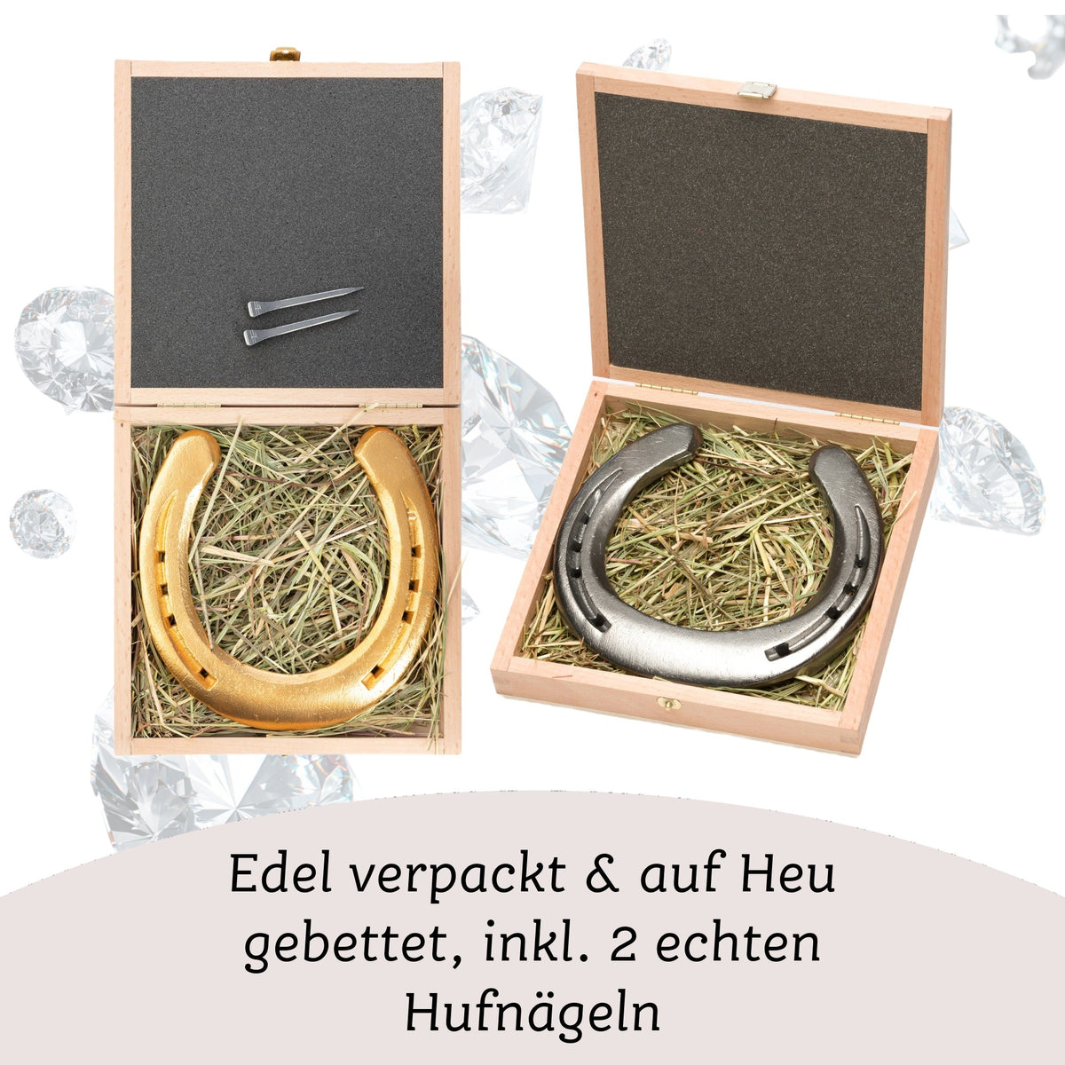 Glückshufeisen zur Diamantenen Hochzeit mit gravierter Holz-Geschenkbox – Ansicht 4