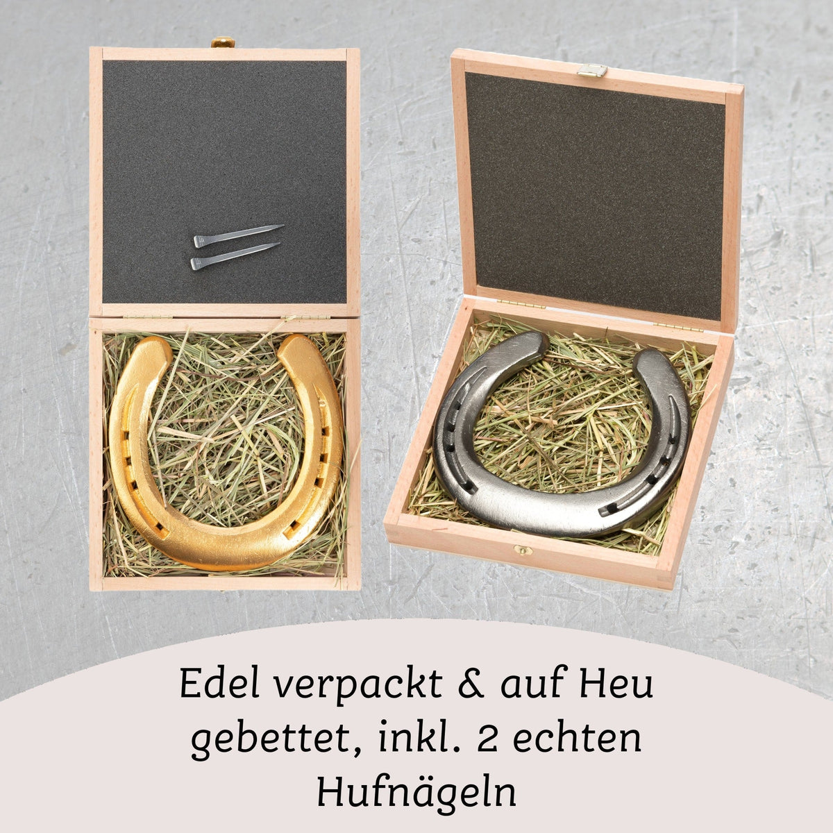 Glückshufeisen zur Eisernen Hochzeit mit gravierter Holz-Geschenkbox – Ansicht 4