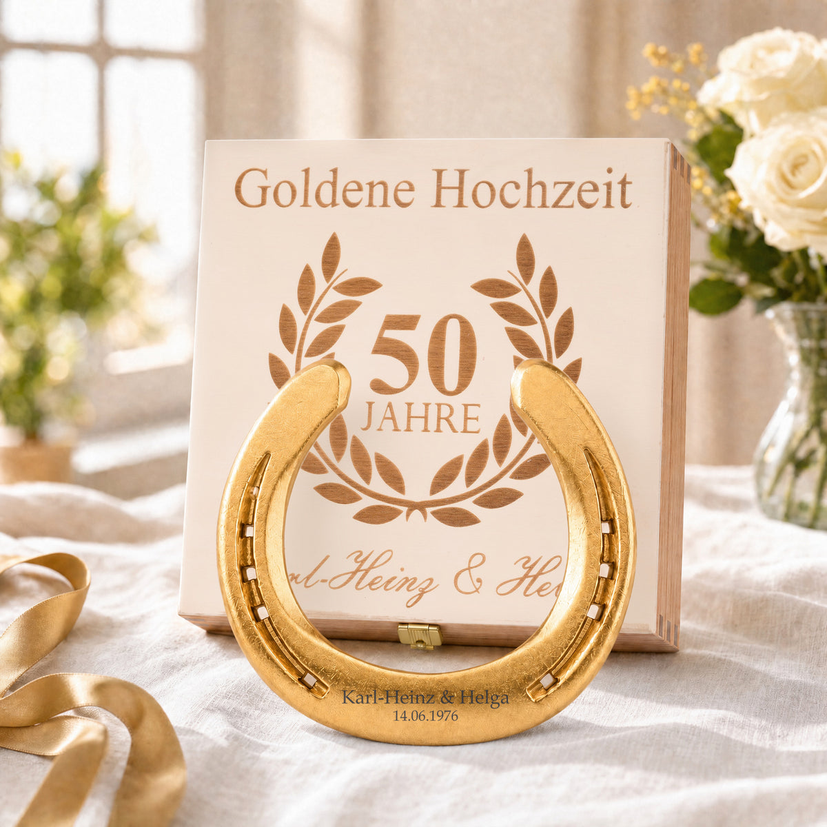 Vergoldetes Glückshufeisen (24 Karat) zur Goldenen Hochzeit mit Namensgravur vor der Holz-Geschenkbox, Deckel graviert mit Lorbeerkranz, 50 Jahre und Namen