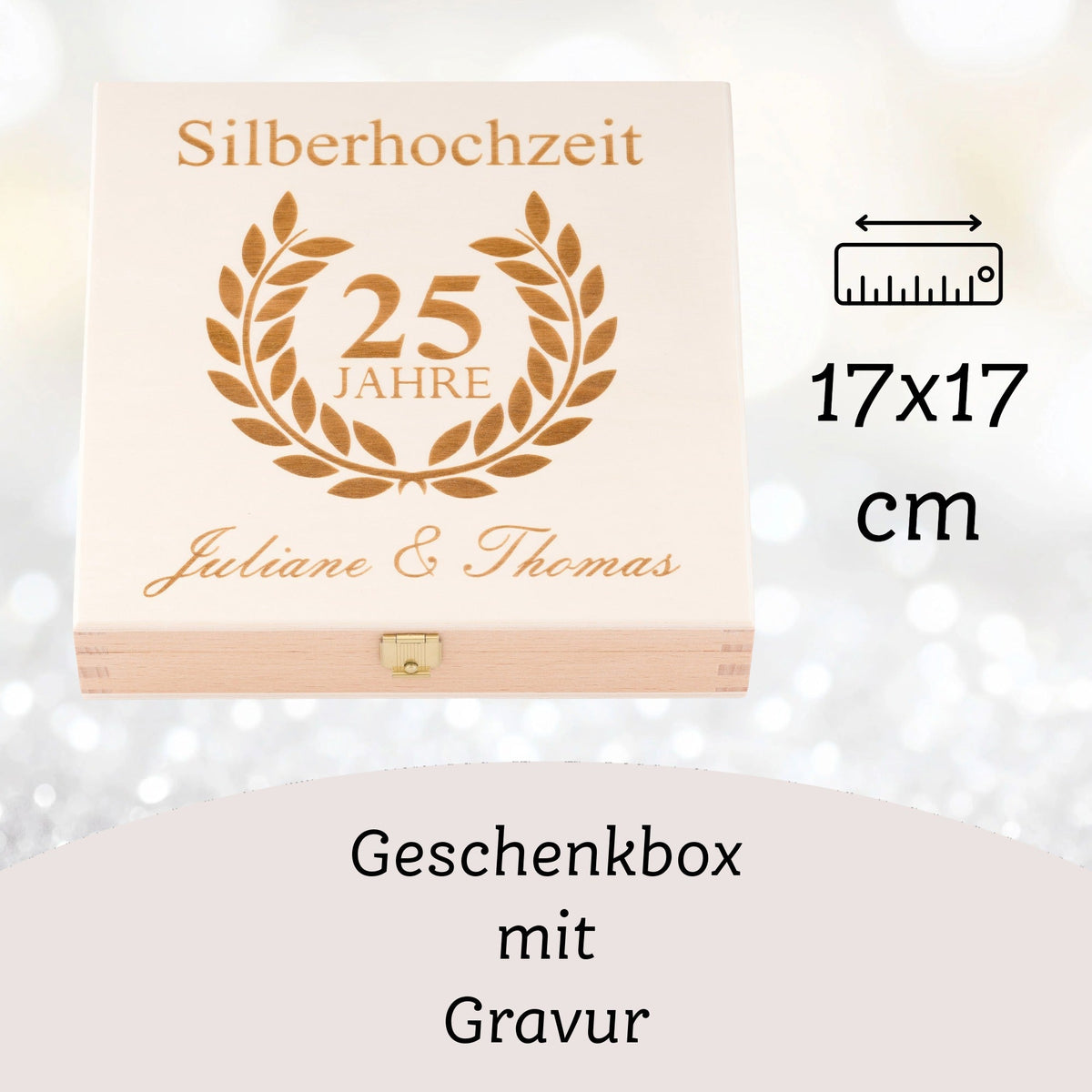 Glückshufeisen zur Silberhochzeit mit gravierter Holz-Geschenkbox – Ansicht 5