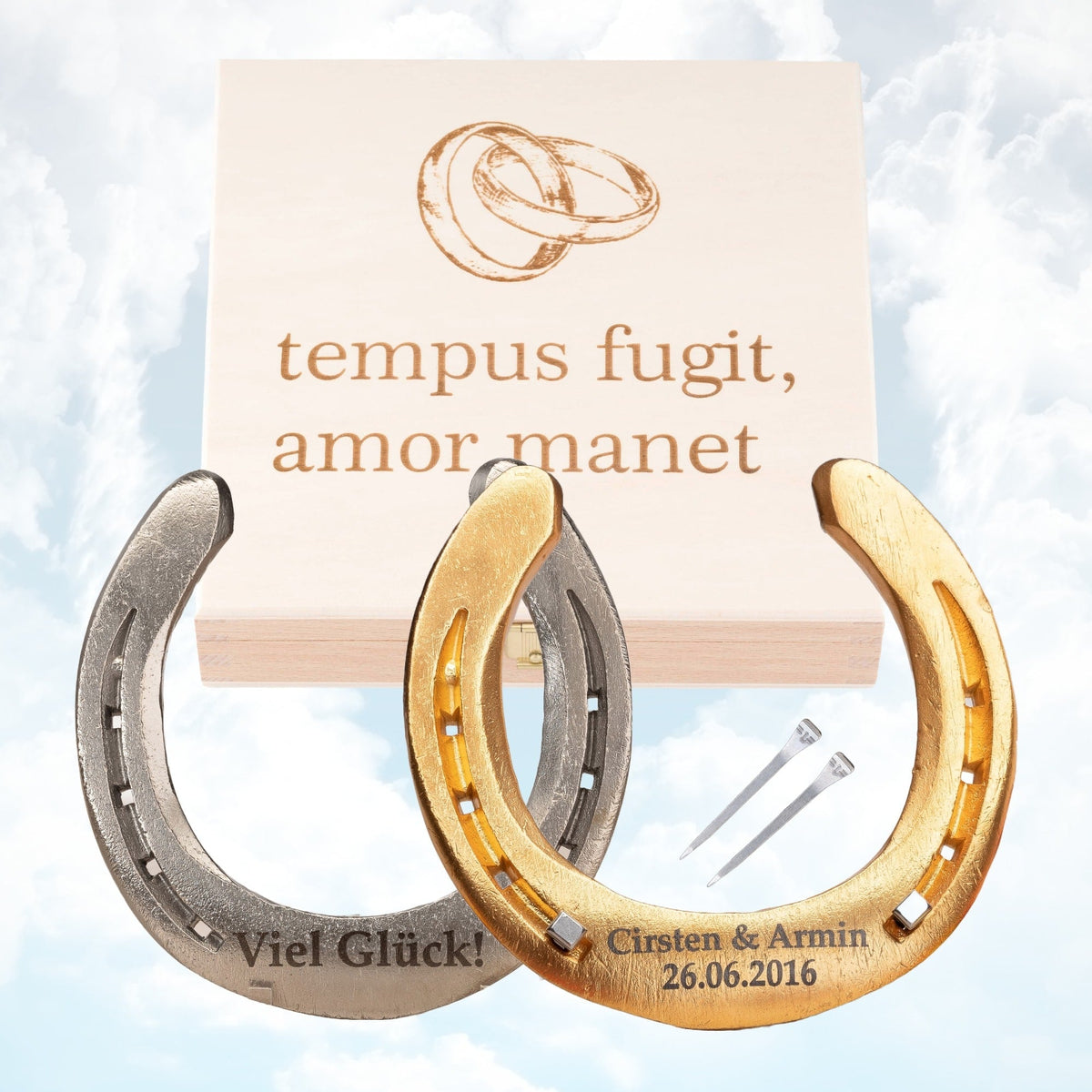 Glückshufeisen mit Holzbox „Tempus fugit, amor manet“ – Natur
