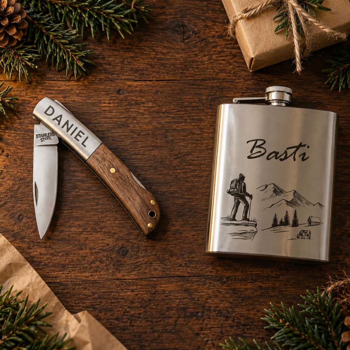 Personalisierte Geschenke für Männer: Taschenmesser Forest und Flachmann Wanderlust mit Gravur