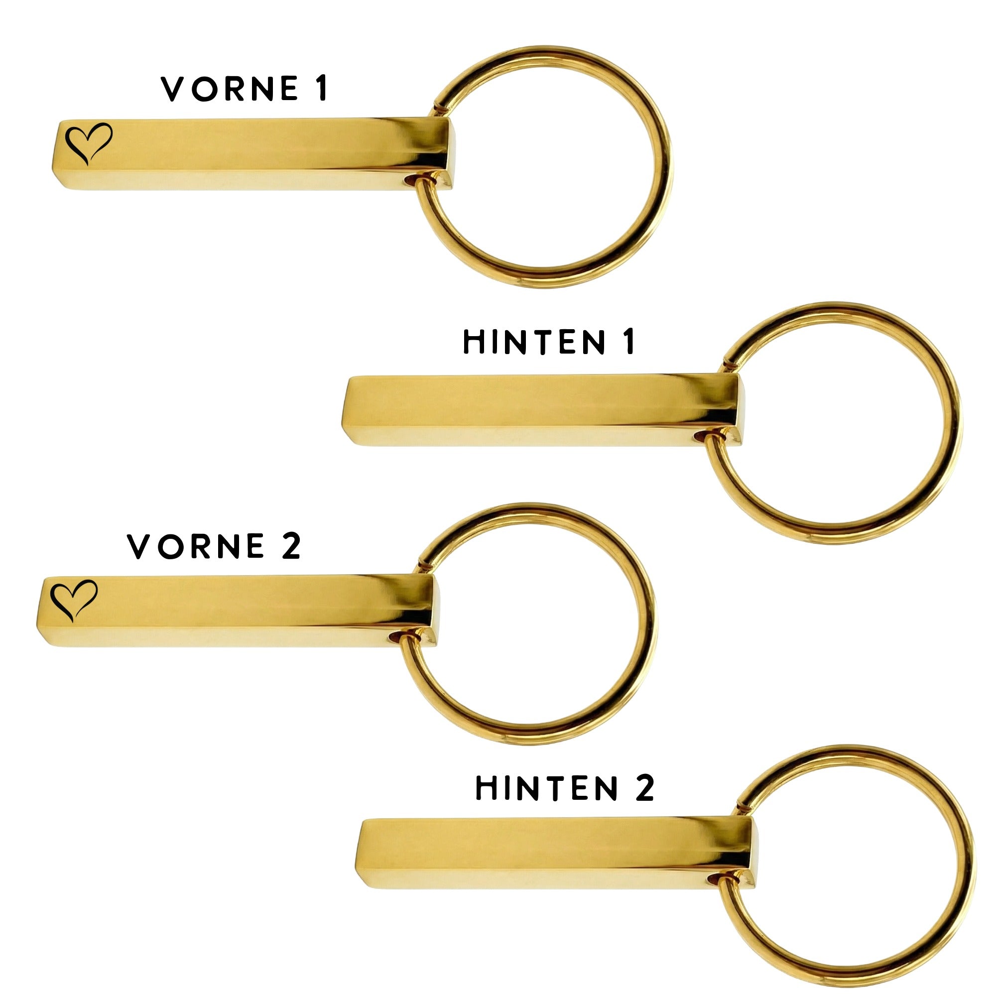 Übersicht Vorder- und Rückseite beider personalisierbaren Schlüsselanhänger, Gravurflächen für individuelle Texte